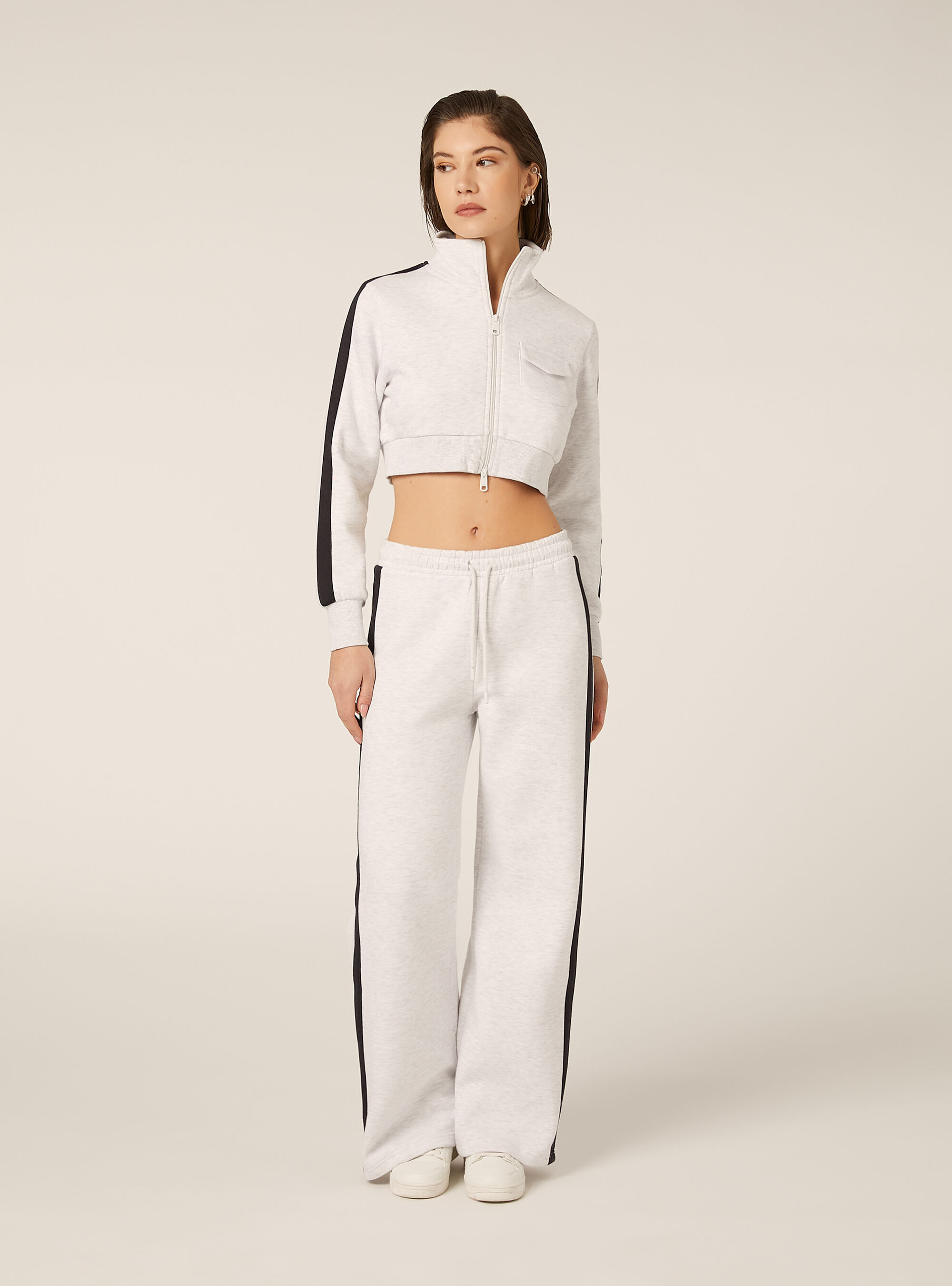 Pantaloni wide leg con bande laterali, MGY3 GREY MEL LIGHT