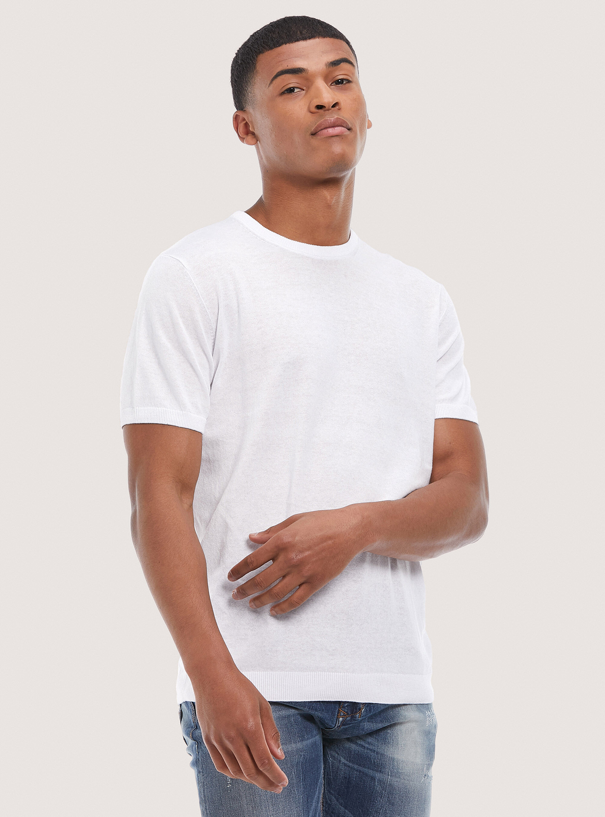 Pull en coton &agrave; manches courtes, C099 WHITE