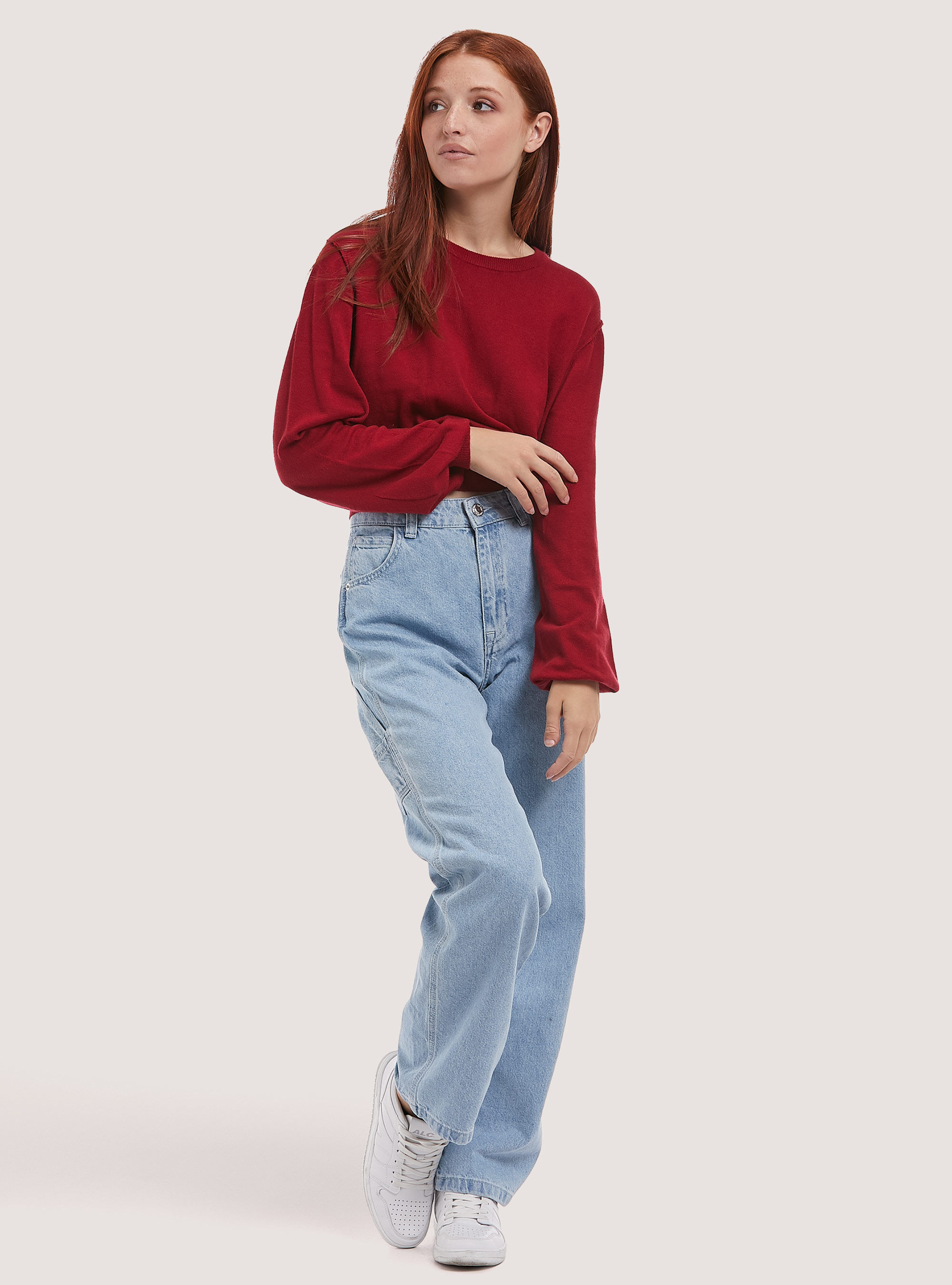 Pullover cropped morbido con maniche a sbuffo elasticizzato, ROSSO