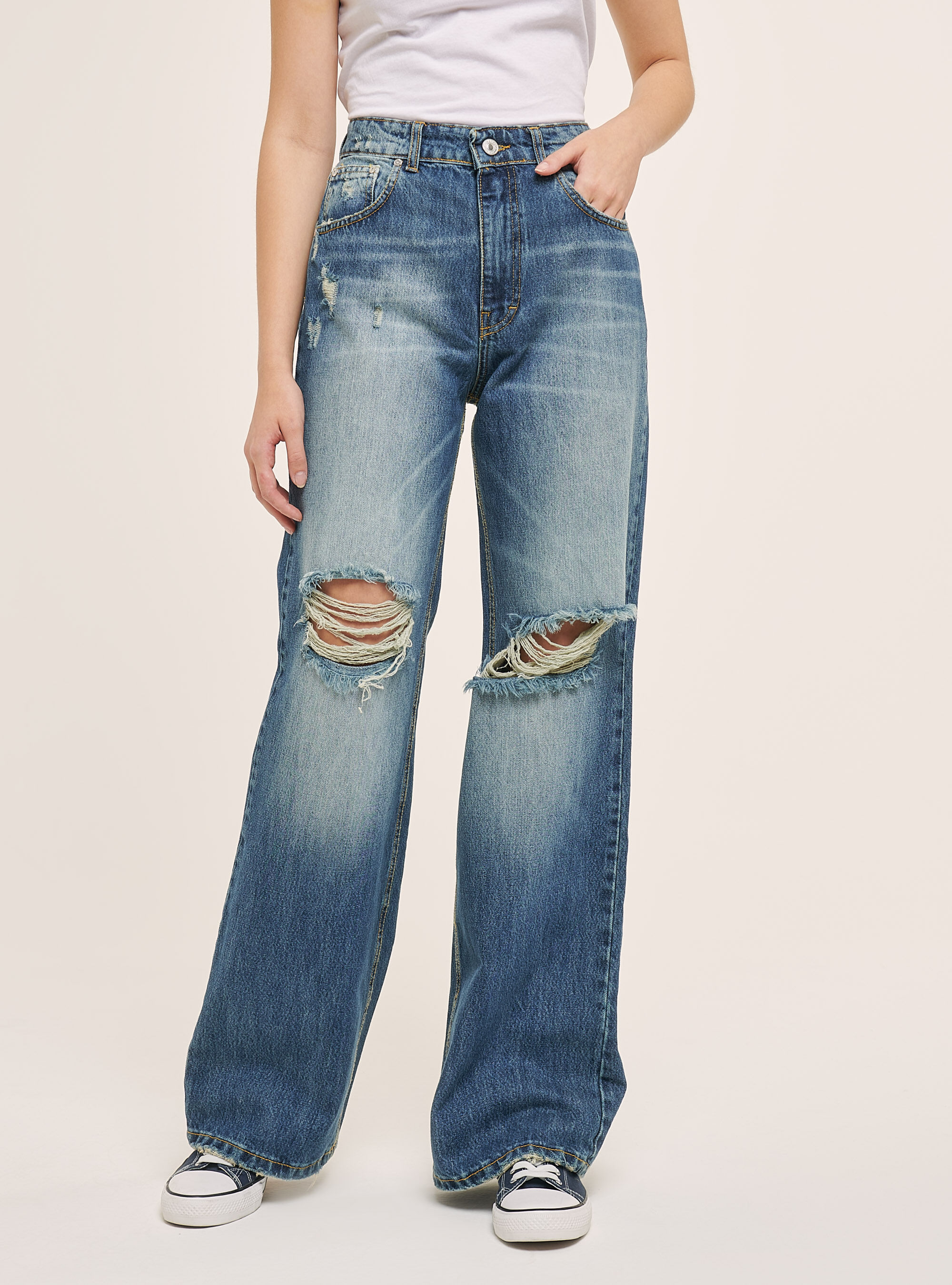 Jeans mit weitem Bein und Rissen, C218 BLUE NAVY