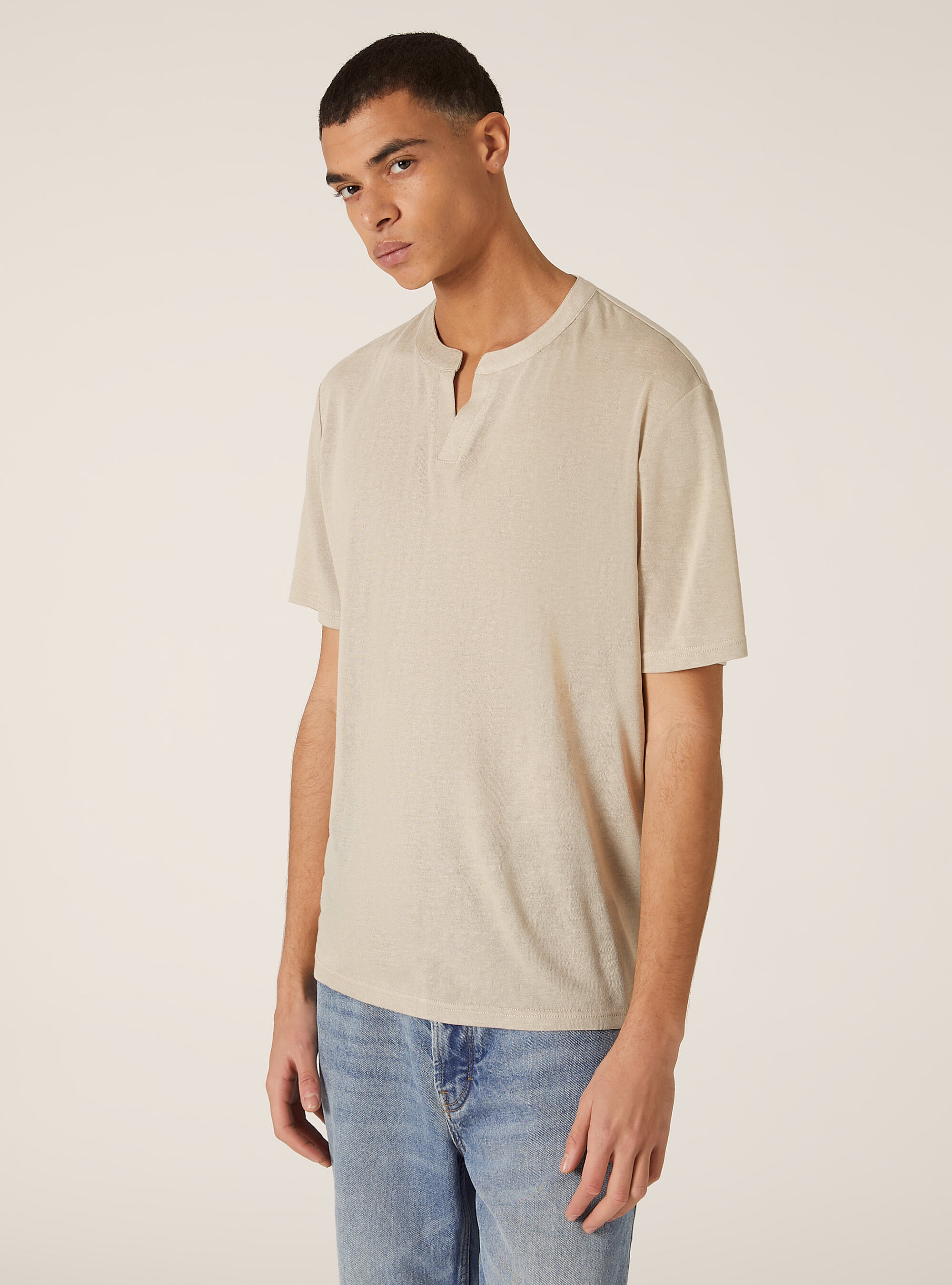 Linen-effect serafino neckline T-shirt, BG2 BEIGE MEDIUM
