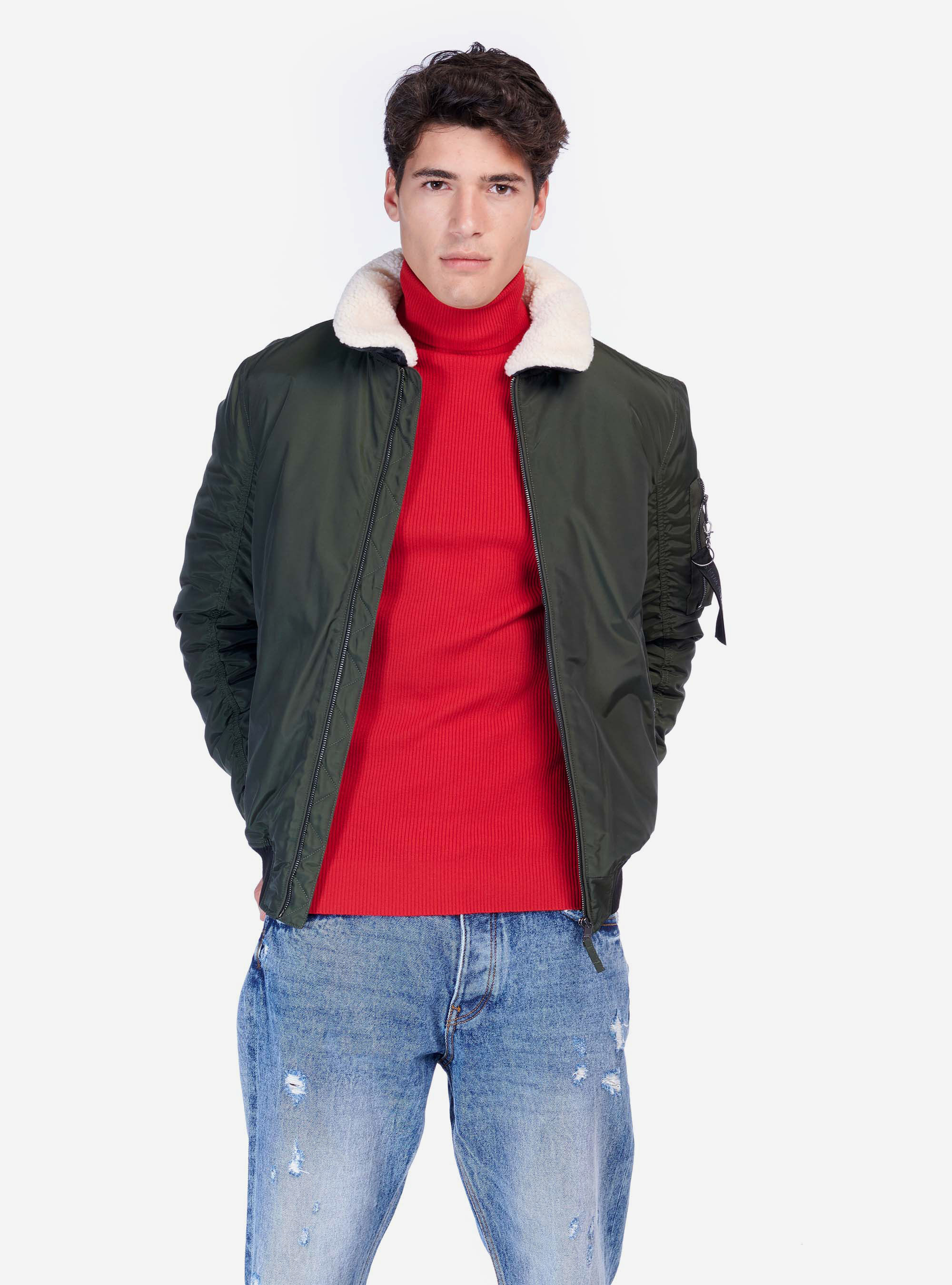 JACKET WITH FUR COLLAR AND POCKET ON SLEEVE, KAKI