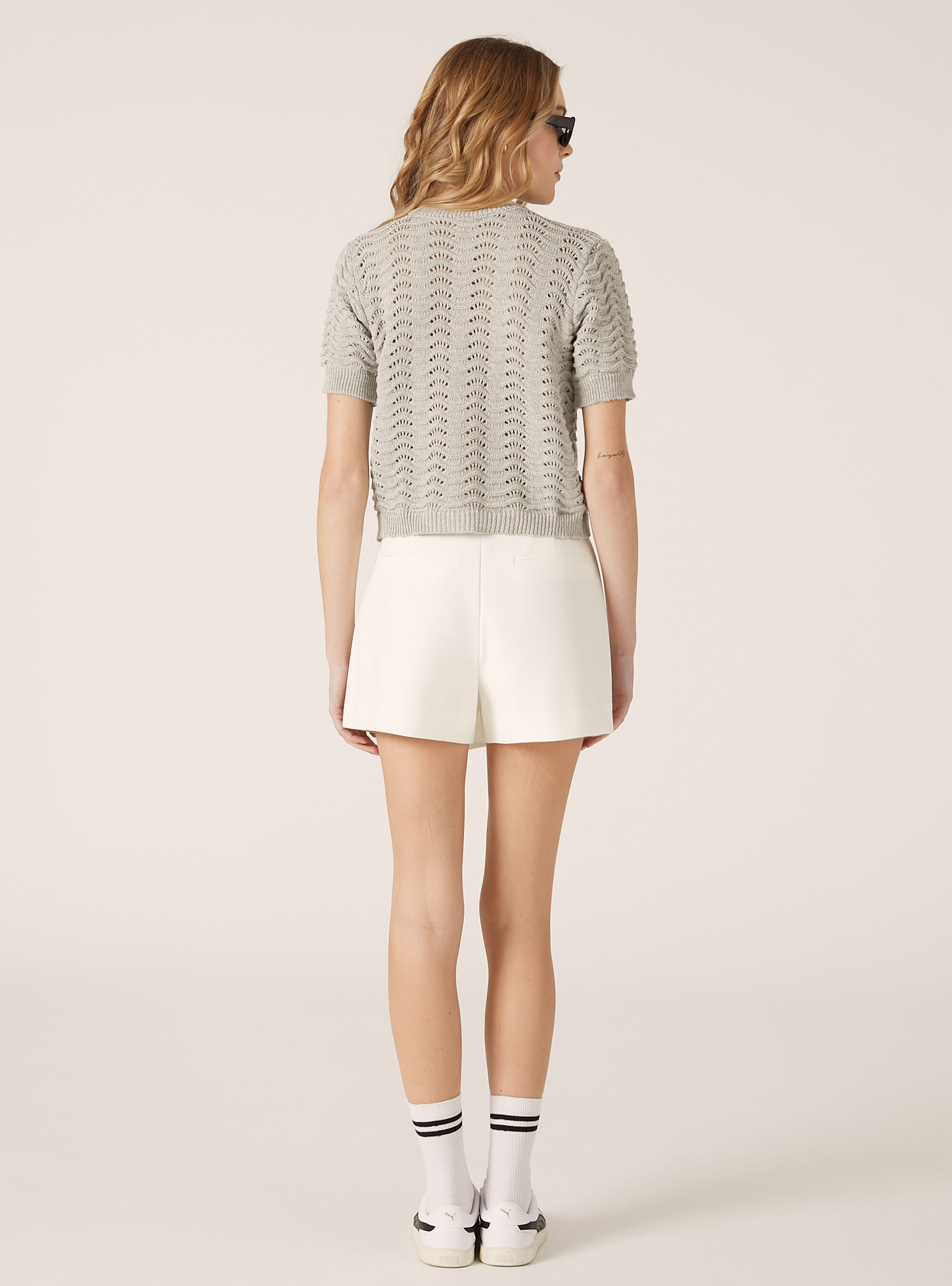 Openwork short-sleeved cropped jersey, MGY1 GREY MEL DARK