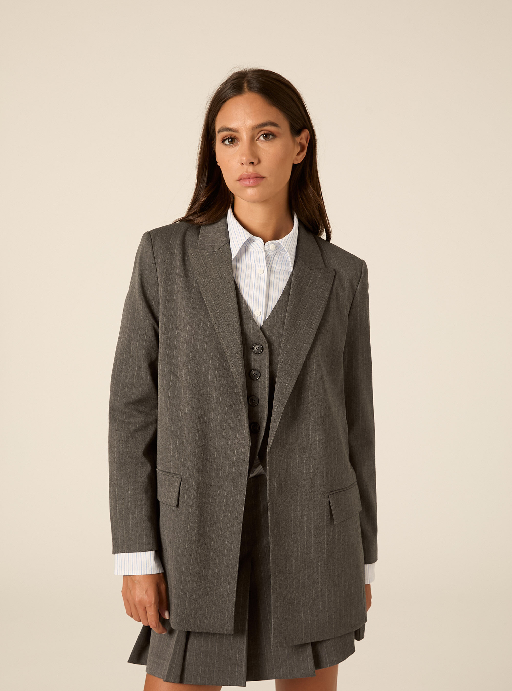 Long tailored blazer with micro pattern, MGY1 GREY MEL DARK