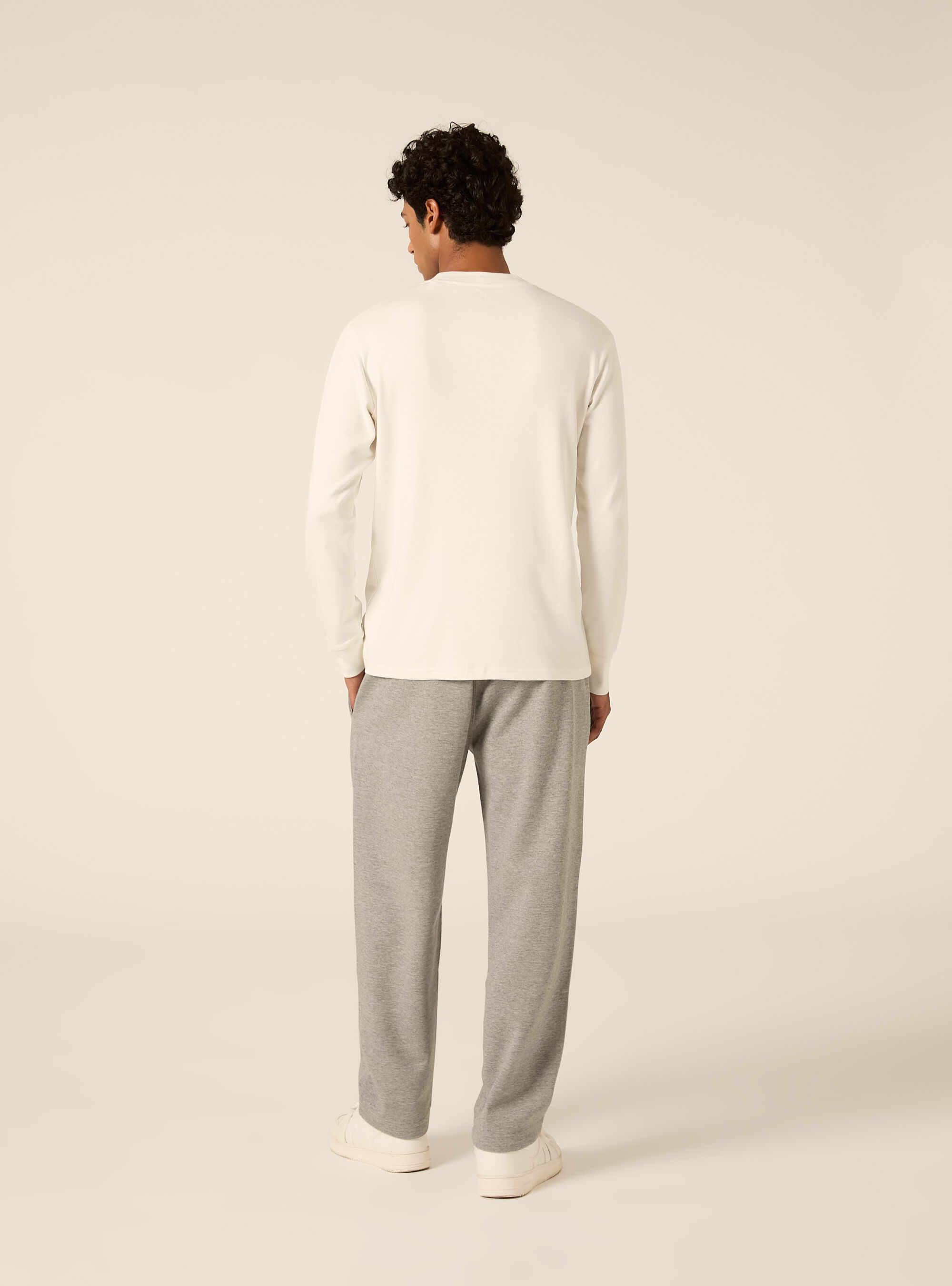 Maglia girocollo maniche lunghe interlock, PANNA