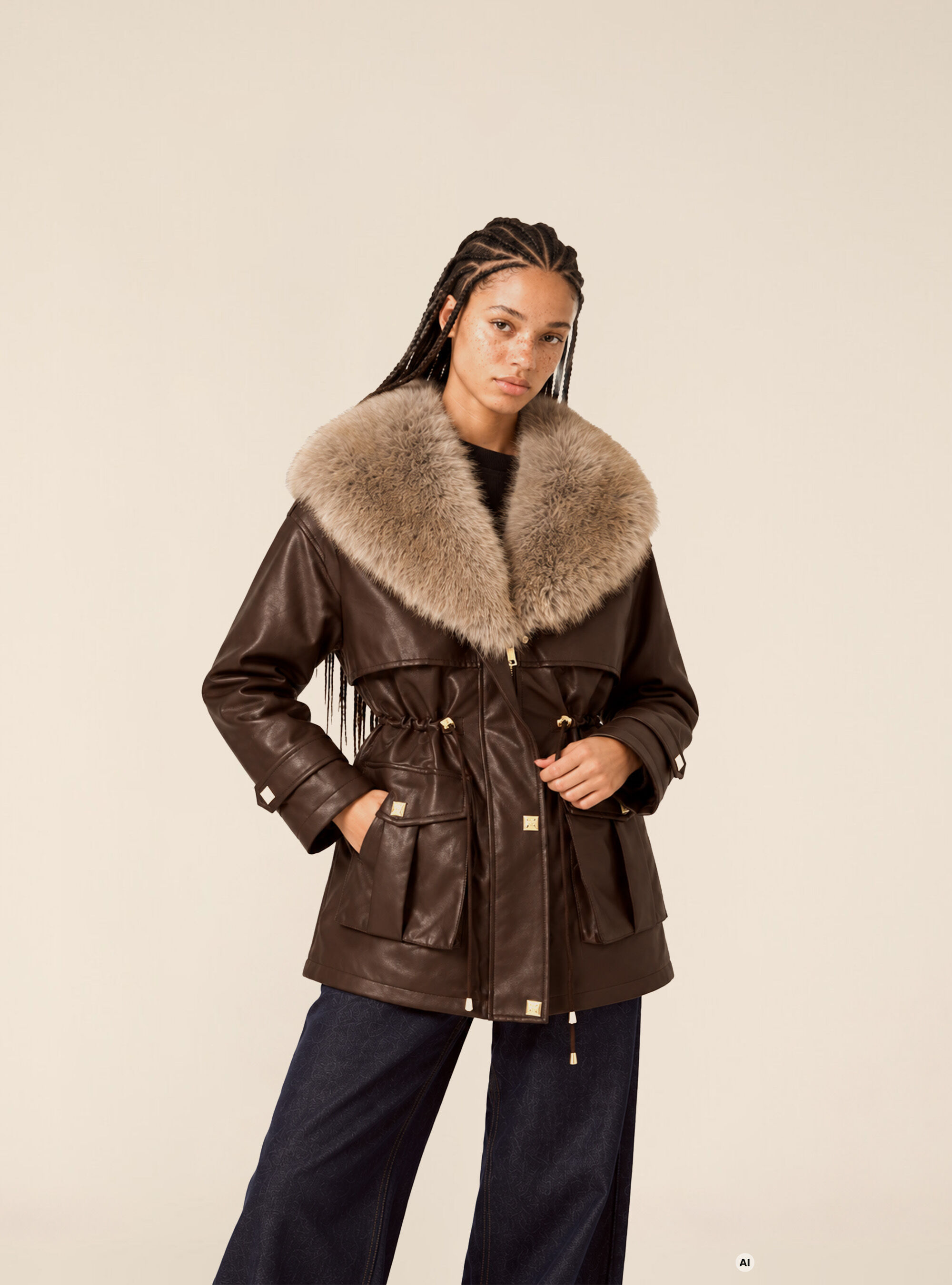 Faux leather jacket with faux fur collar