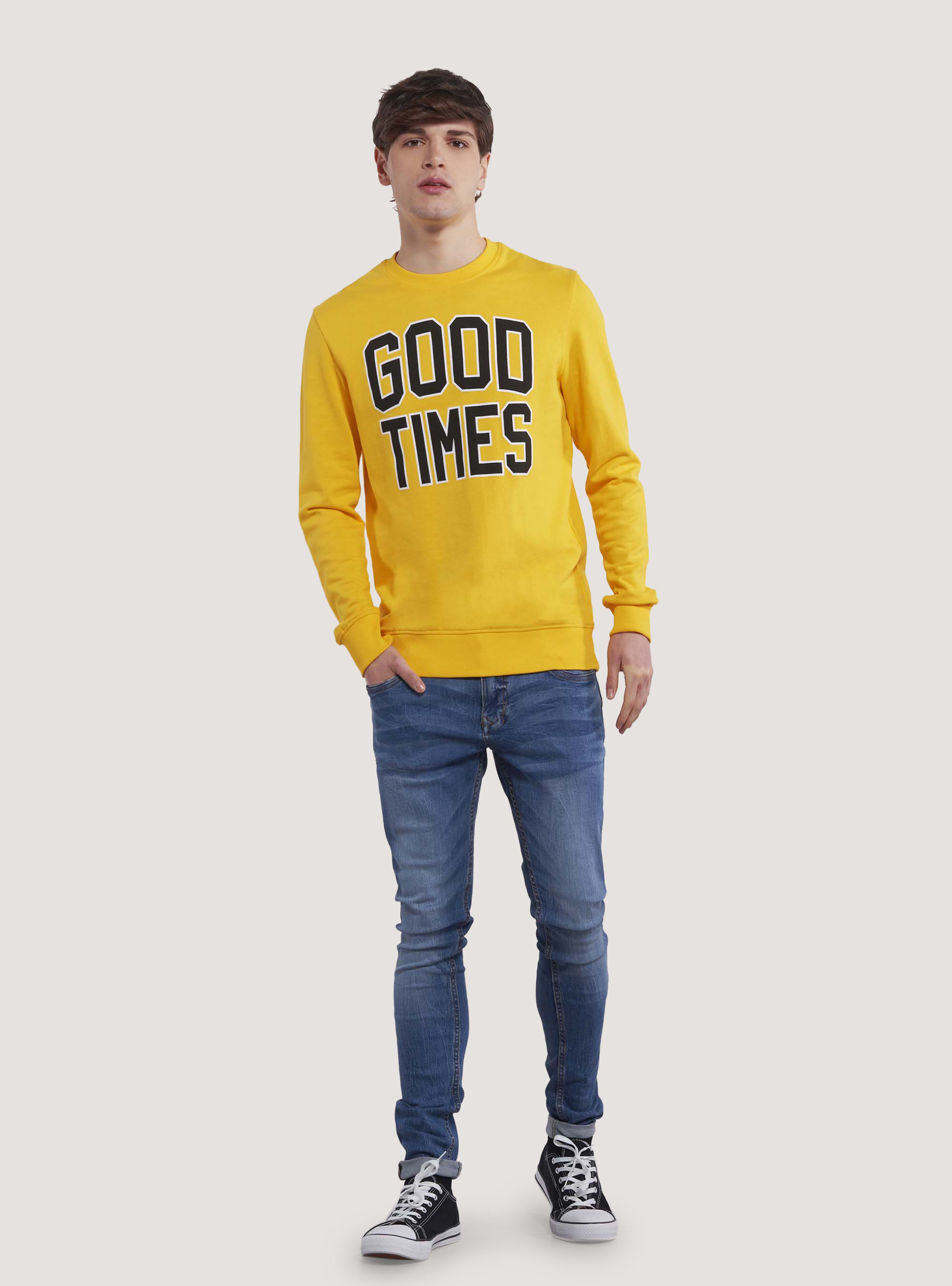 Sweat &agrave; col ras de cou en terry avec impression, C7750 YELLOW