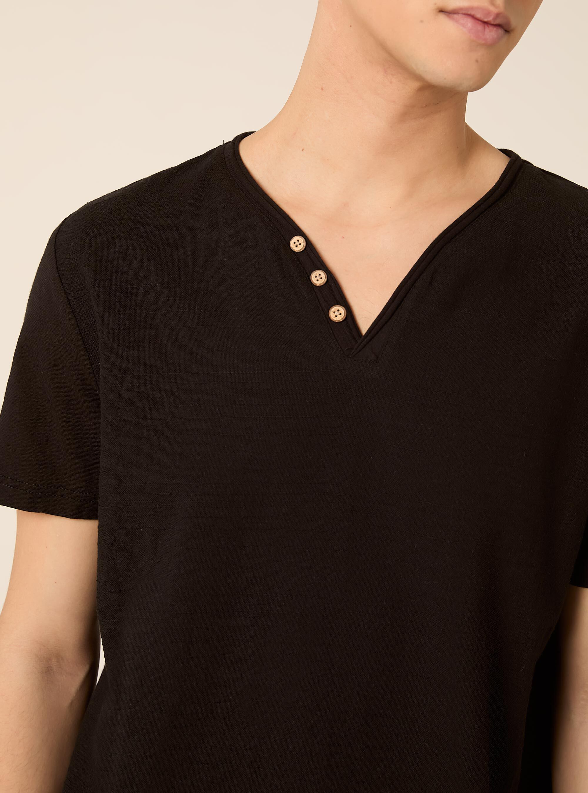 V-neck linen blend T-shirt, BK1 BLACK