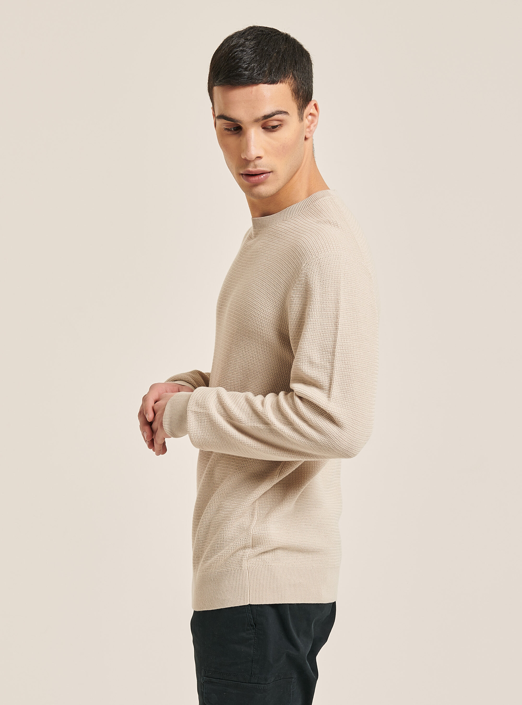 Textured cotton crew neck pullover, BG3 BEIGE LIGHT