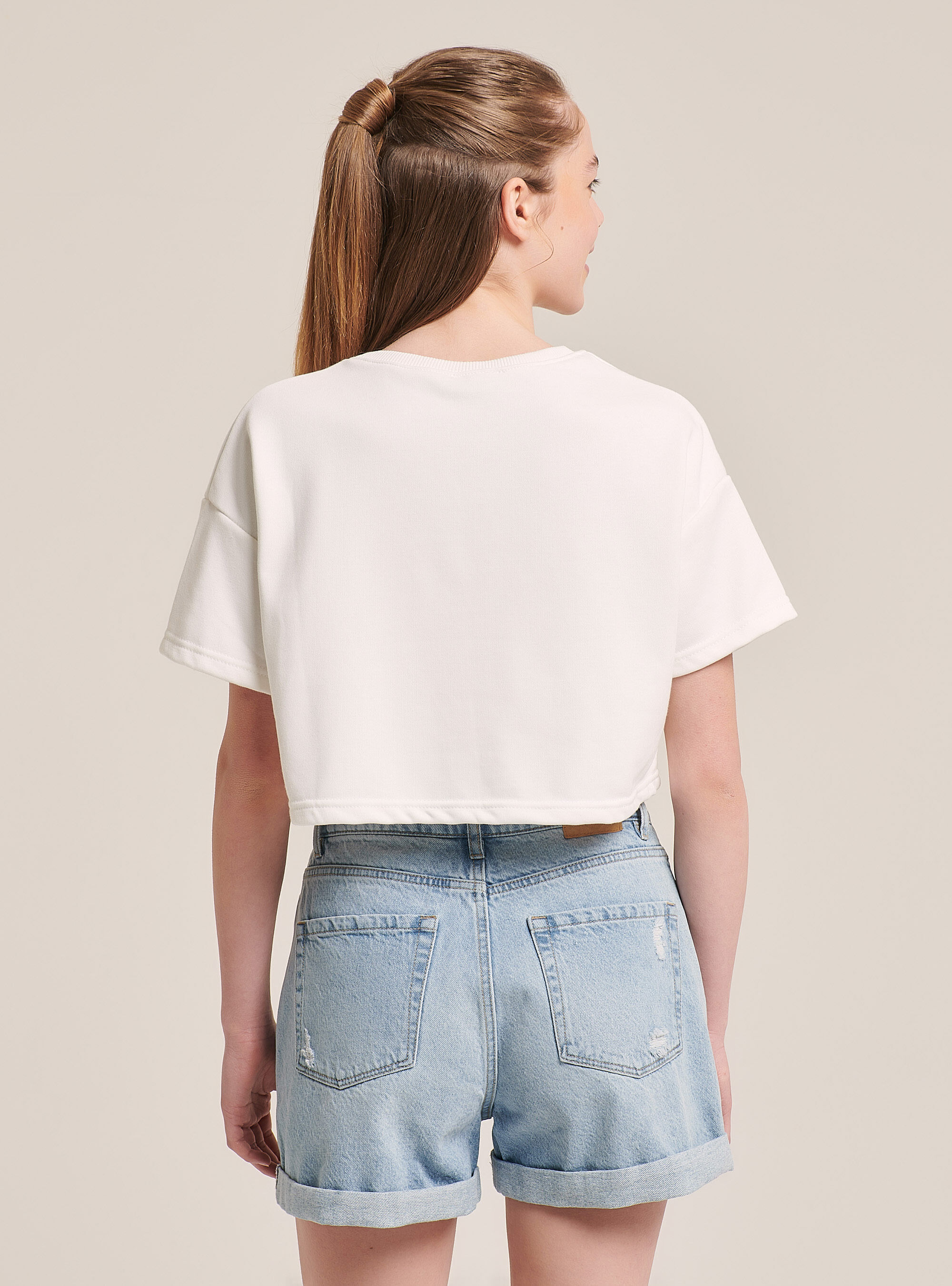 Short-sleeved college crop sweatshirt with lettering print, C0020 OFF WHITE