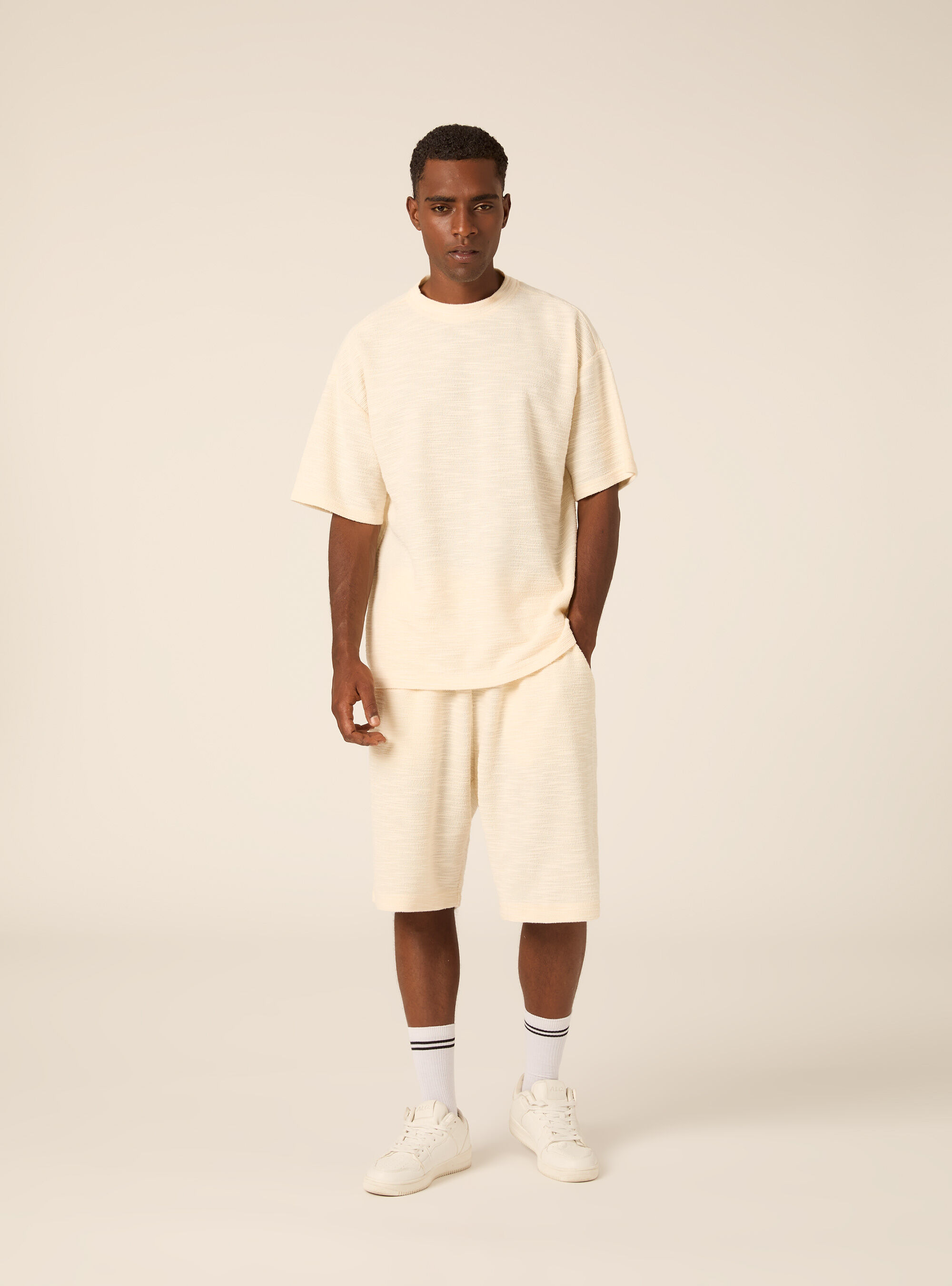 T-shirt in Misto Cotone con Texture, PANNA