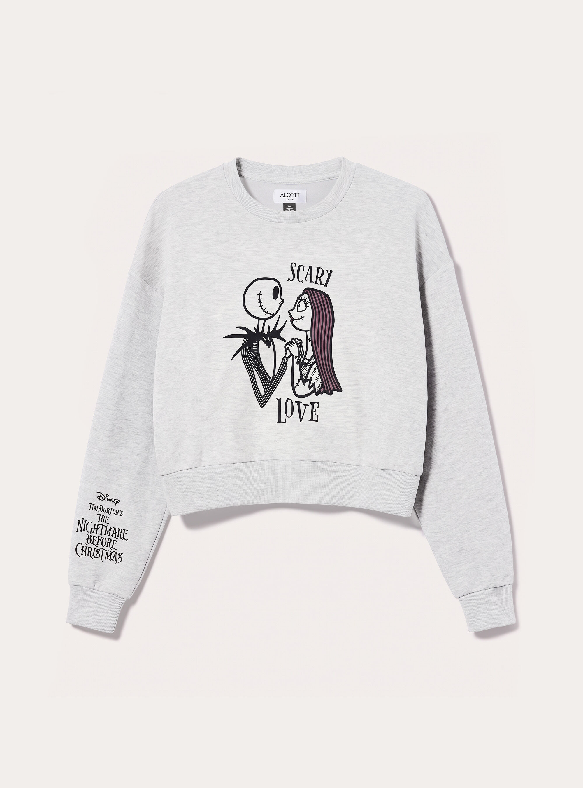 Cropped crew neck sweatshirt with Disney Nightmare Before Christmas print / Alcott, MGY3 GREY MEL LIGHT
