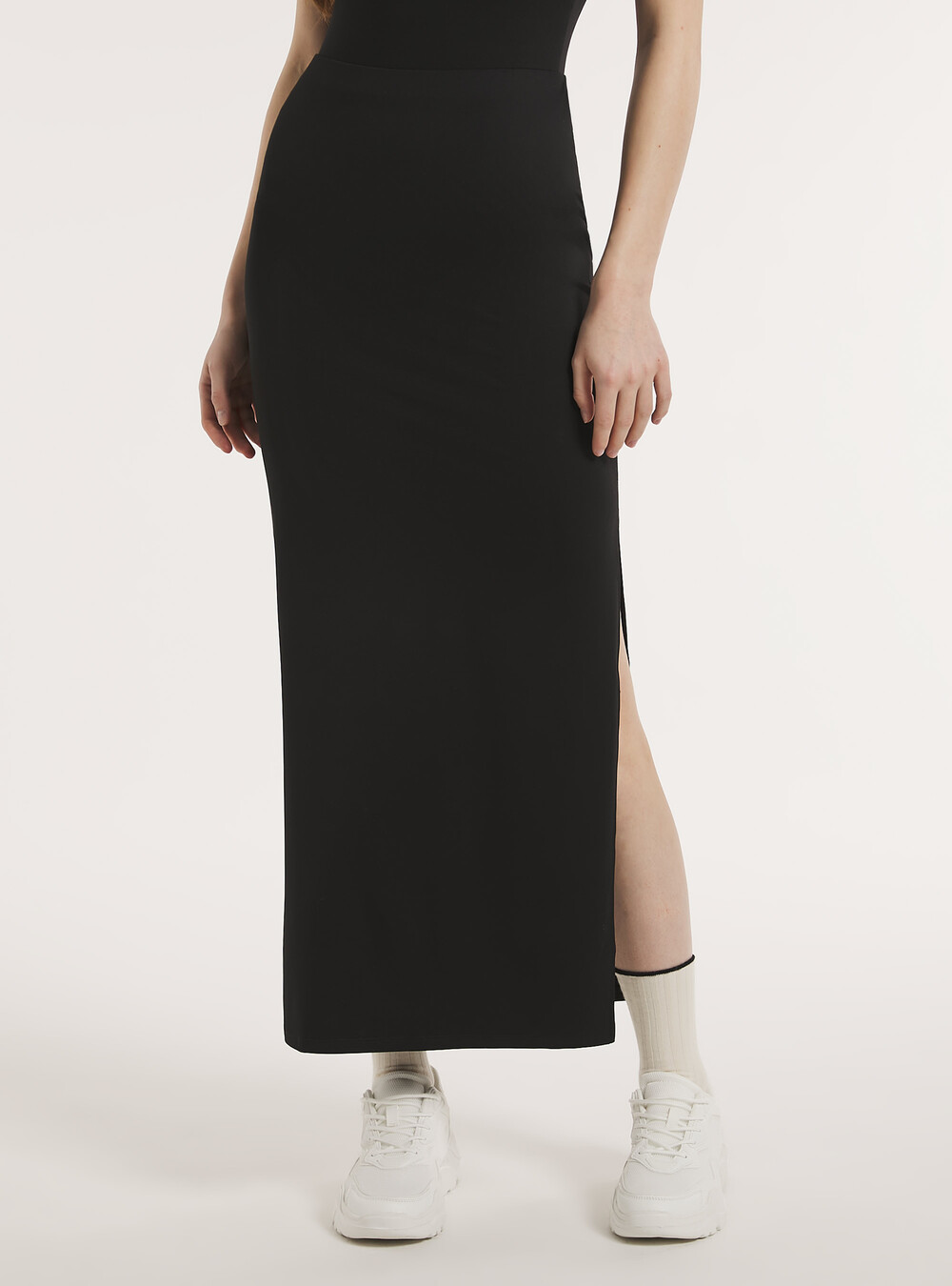 Black Maxi Skirt With Side Slit Tie Side High Split Jersey Maxi
