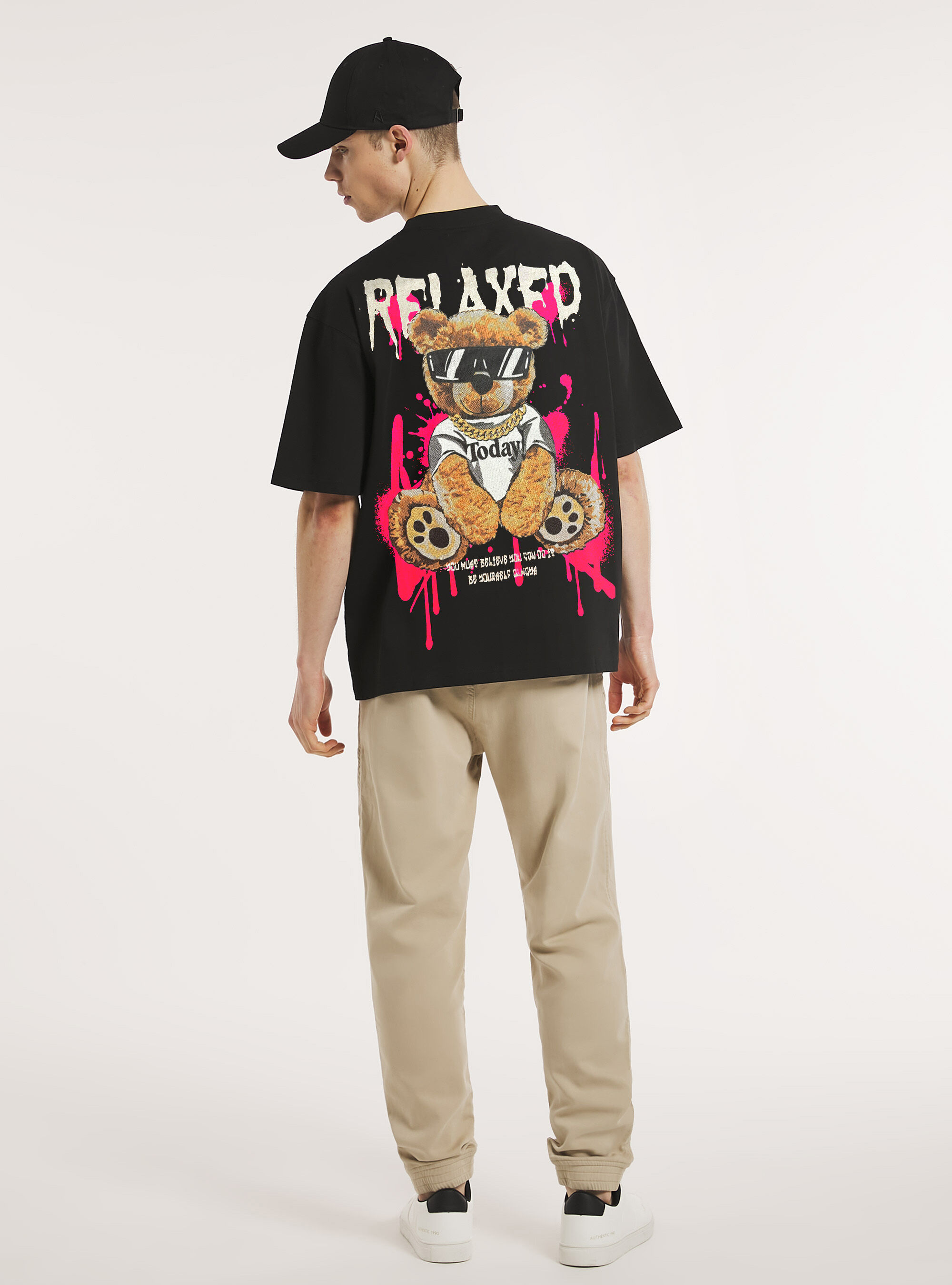 T-shirt boxy fit con stampa relaxed orso, BK1 BLACK
