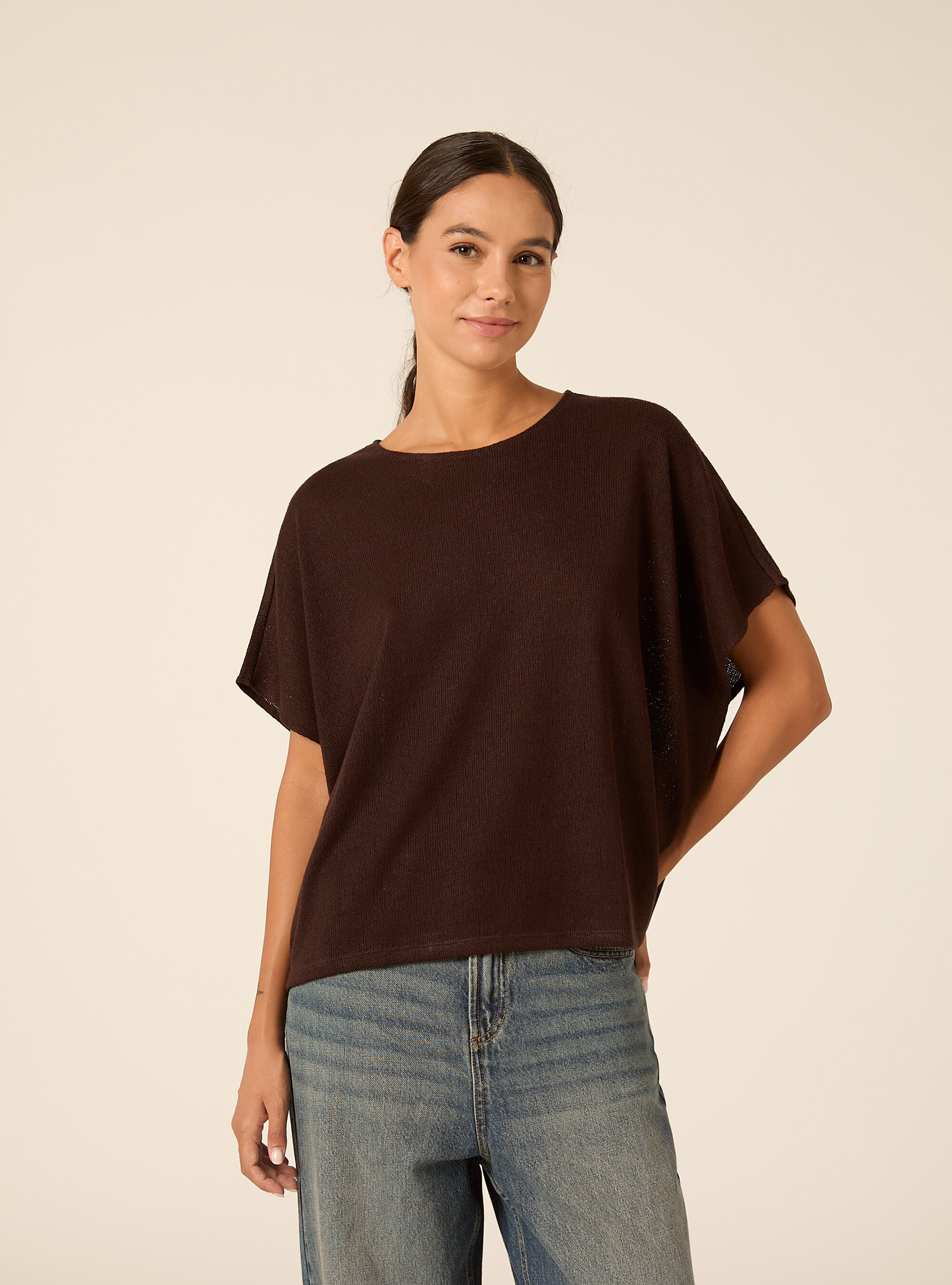 Maglietta over con texture increspata, MARRONE SCURO