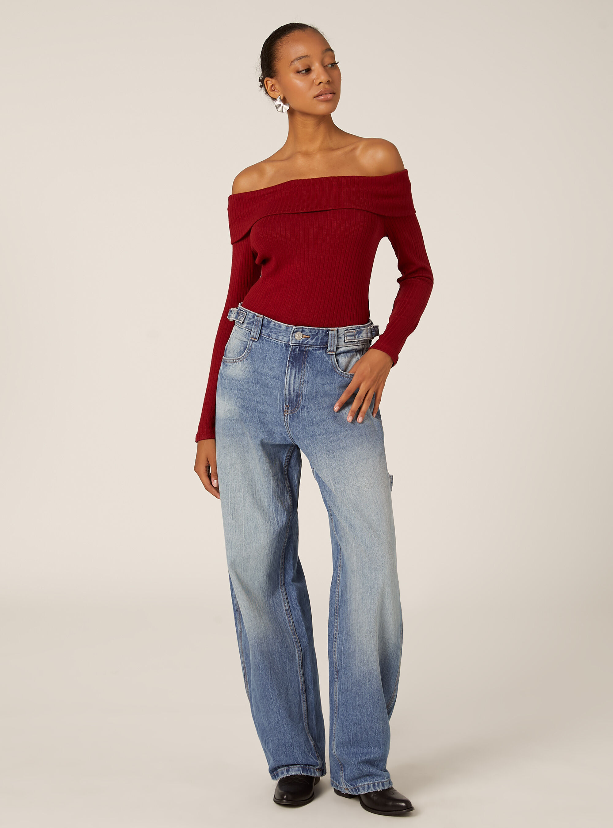 Jersey con escote bardot de canal&eacute;, BO1 BORDEAUX DARK