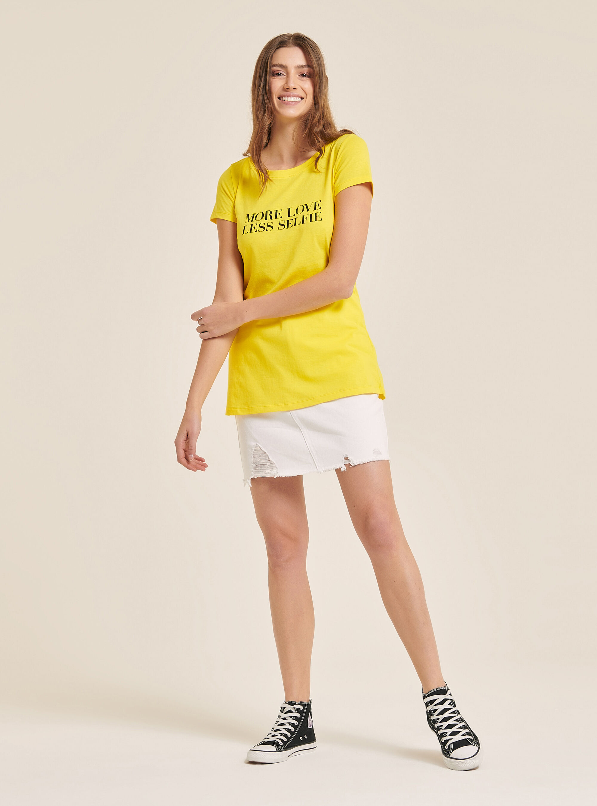 T-shirt en coton avec slogan imprim&eacute;, C785 YELLOW