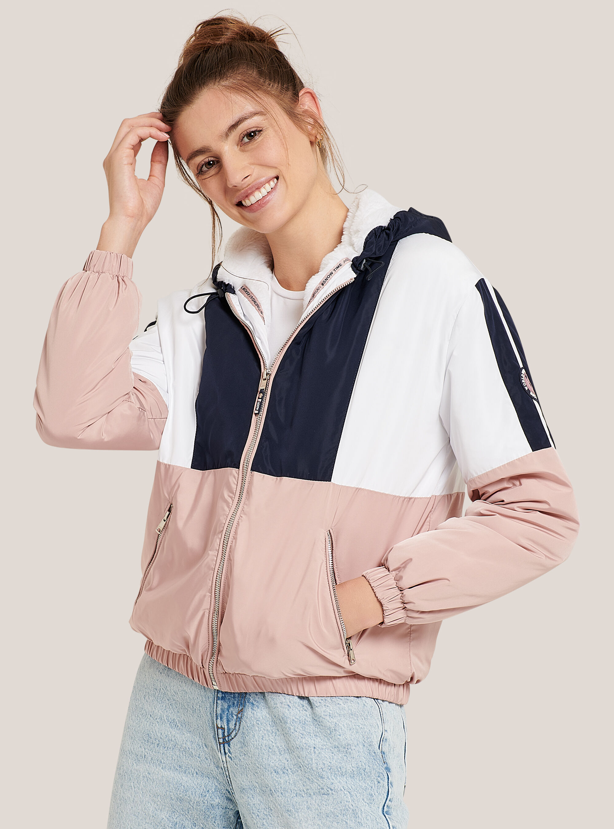 pink color block jacket