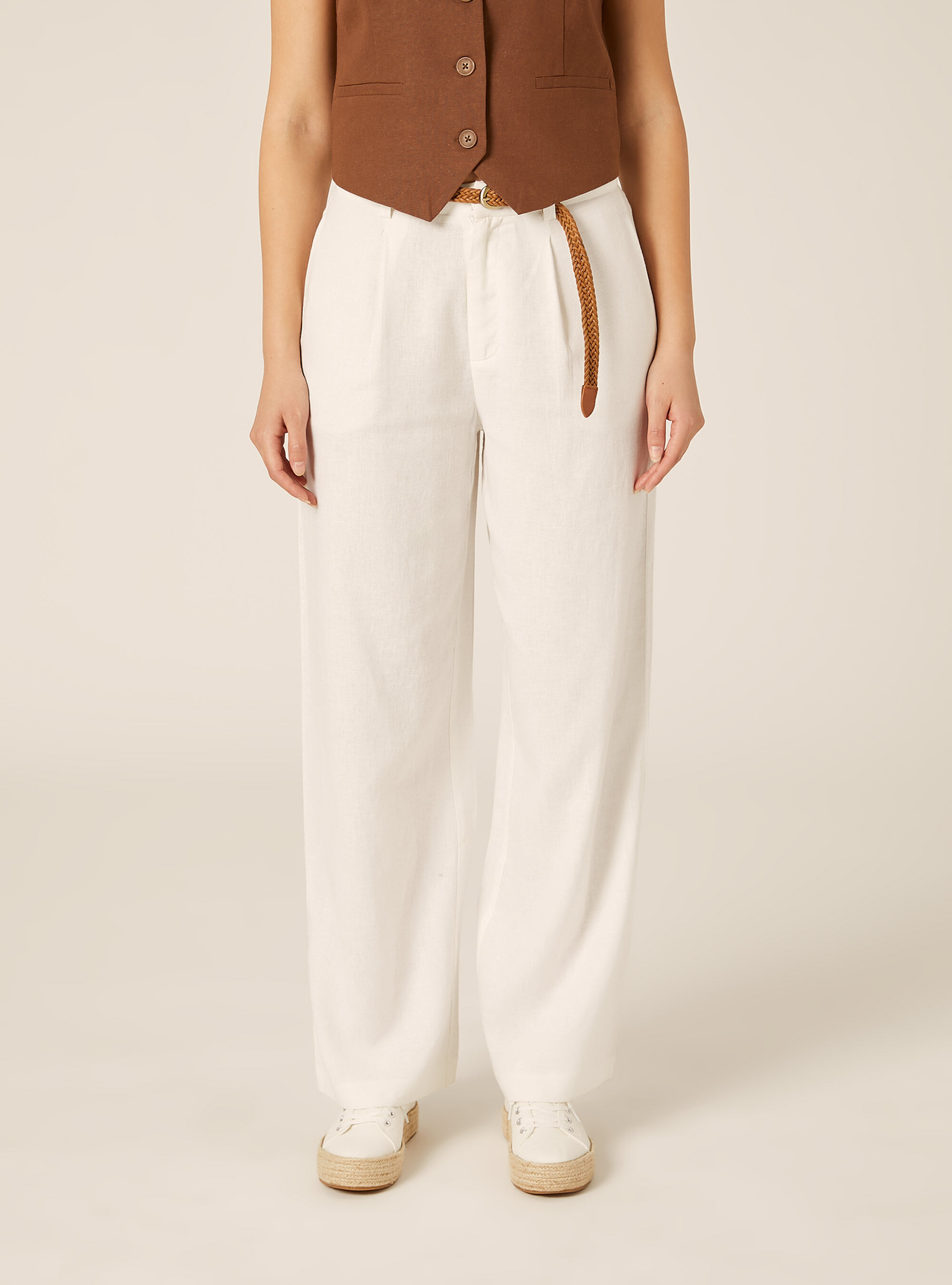 Linen Blend Trousers with Belt, WH2 WHITE