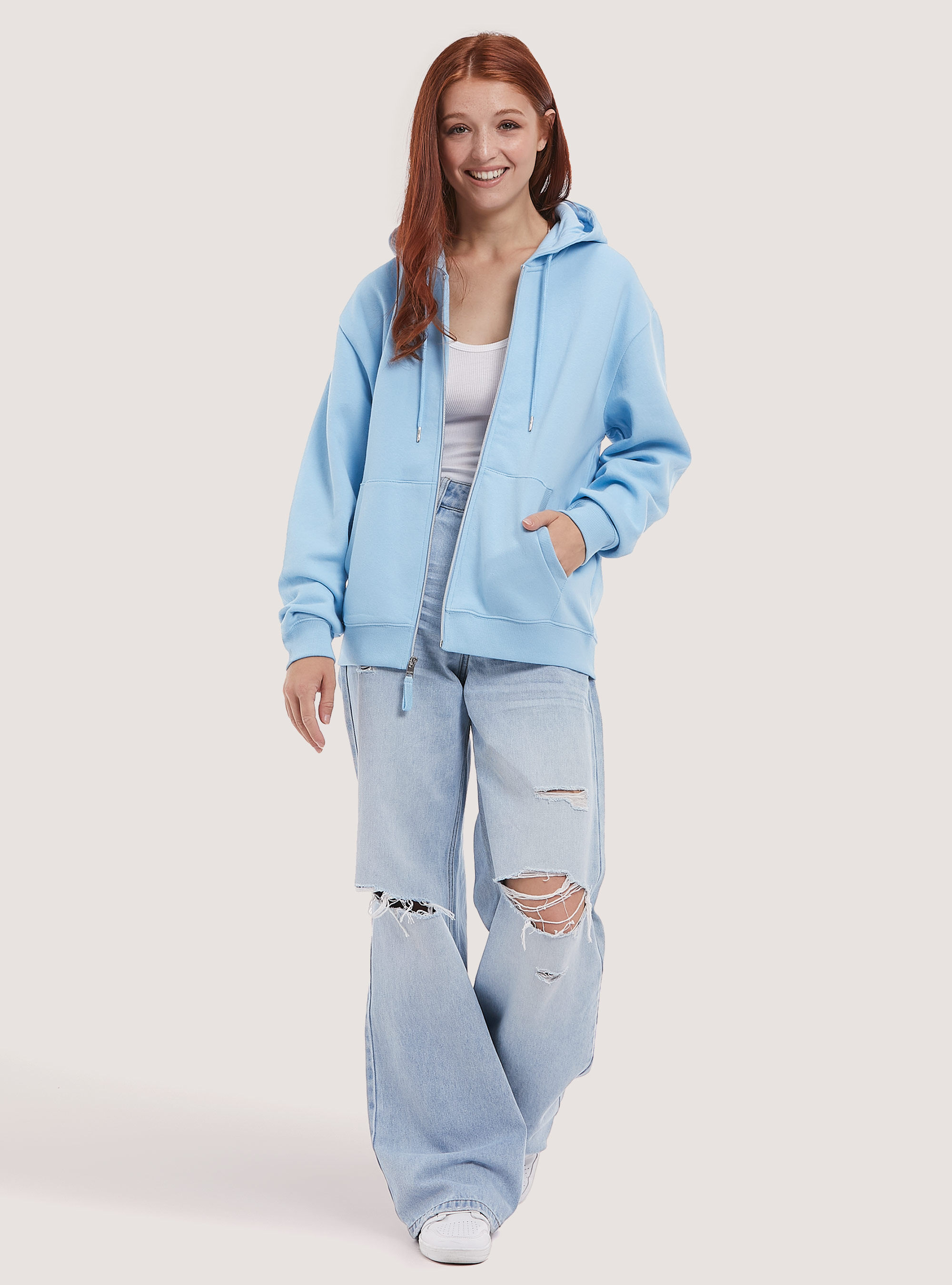 Felpa con zip e cappuccio in cotone, AZ3 AZURRE LIGHT