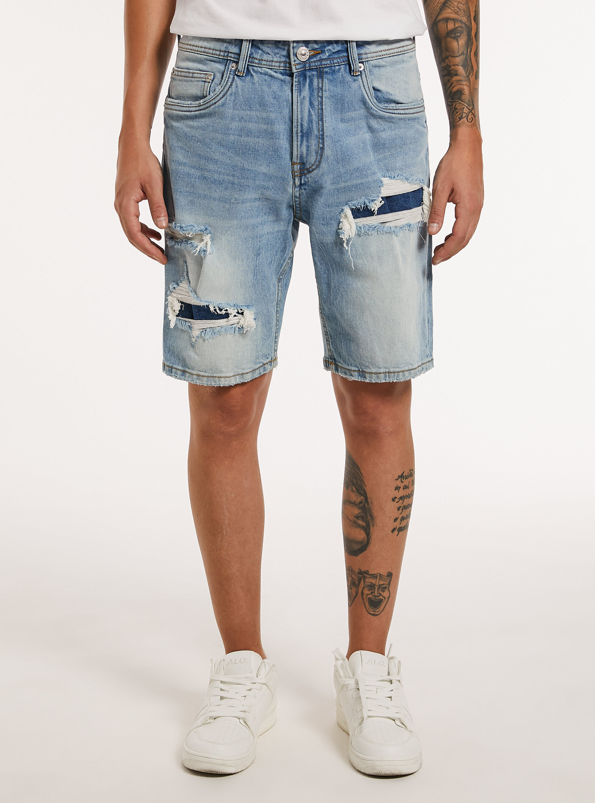 Stretch denim slim fit bermuda shorts with rips