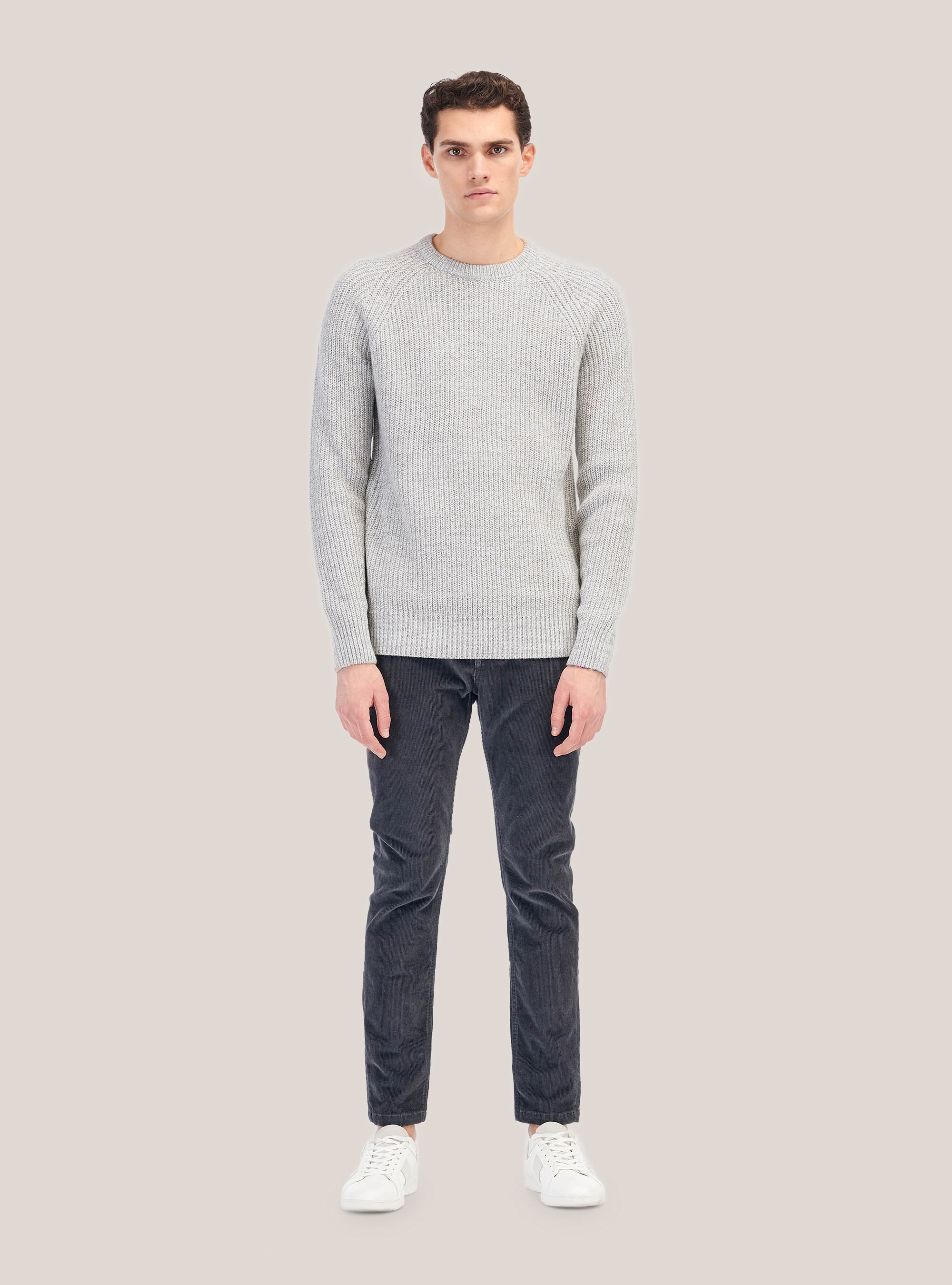 English rib round neck pullover in wool blend, PEARL/CREAM