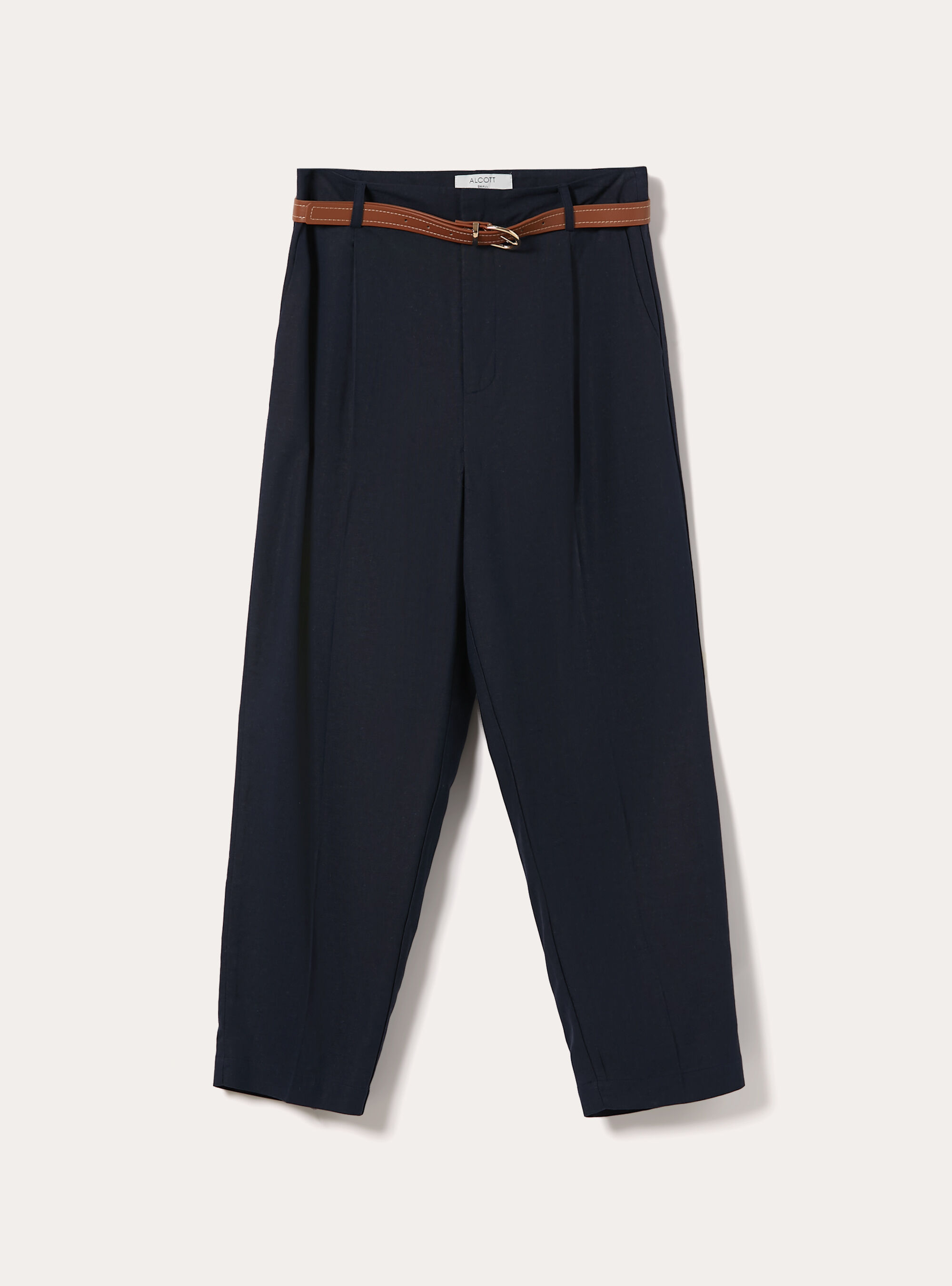 Pantaloni dritti in misto lino con cintura, NA2 NAVY MEDIUM