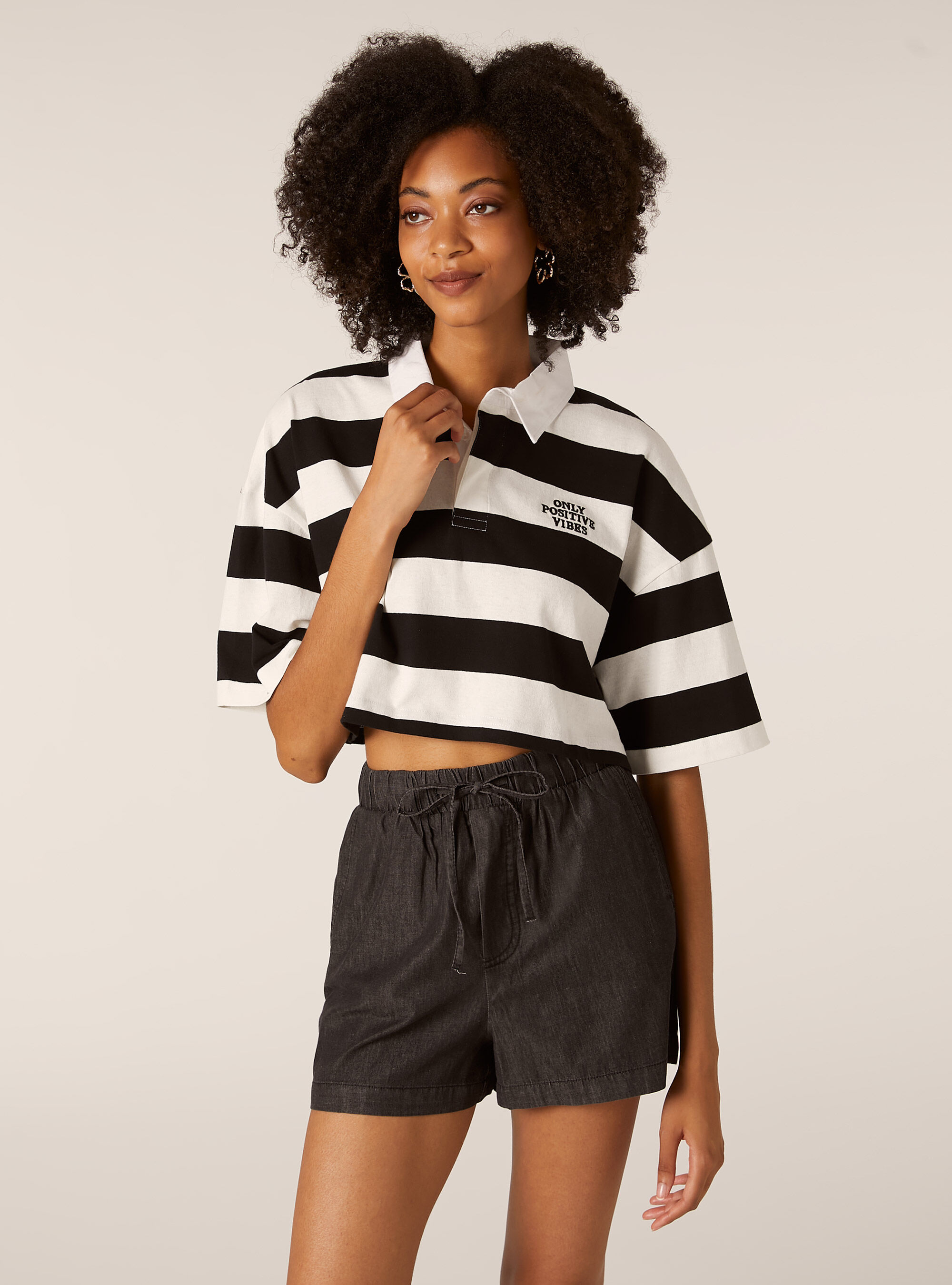 Striped cropped polo shirt, BK1 BLACK
