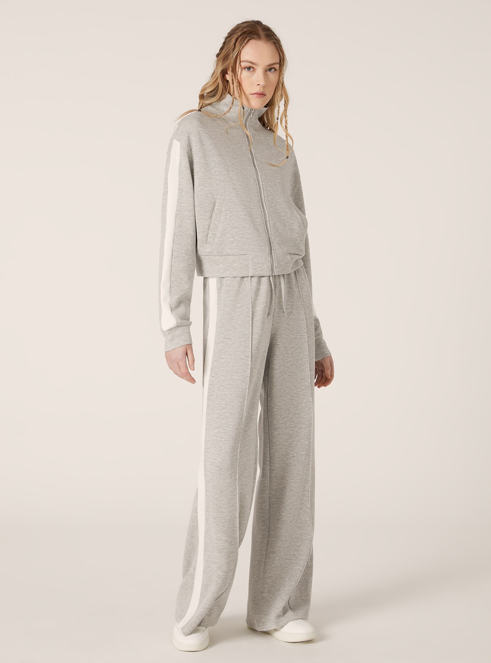 Pantaloni wide leg soft touch, MGY3 GREY MEL LIGHT