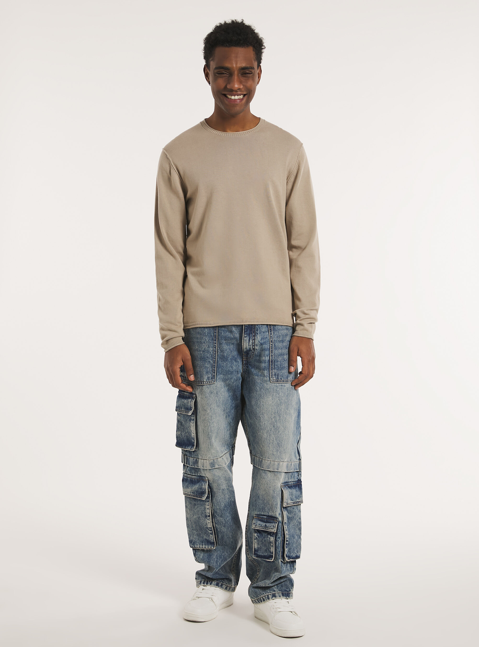 Round-neck cotton pullover, BG2 BEIGE MEDIUM