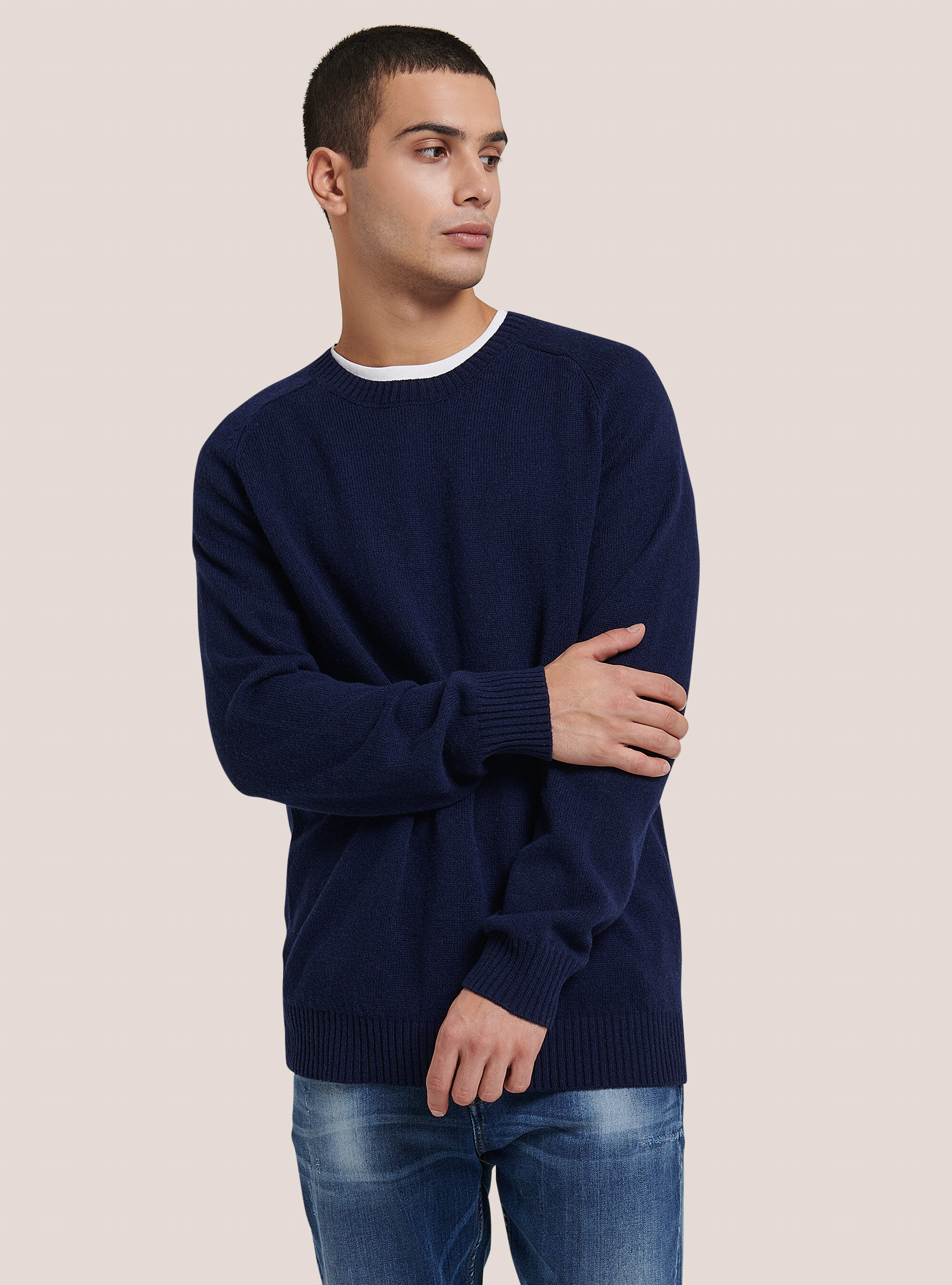 Pullover girocollo in misto lana, BLU MARINO
