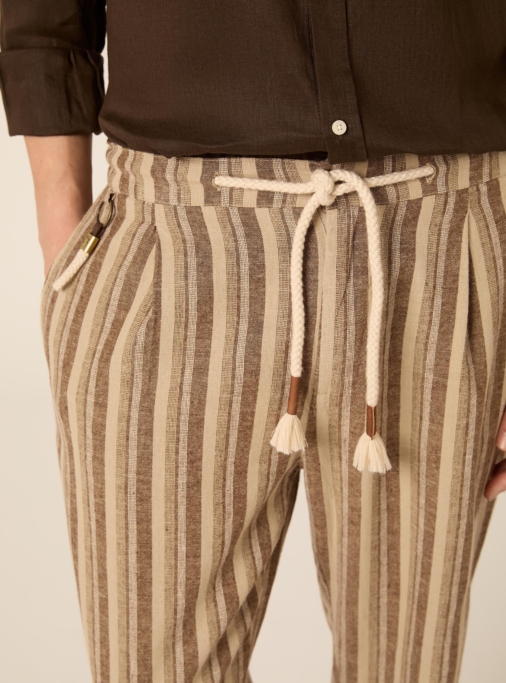 Pantaloni in misto lino a righe, BG2 BEIGE MEDIUM