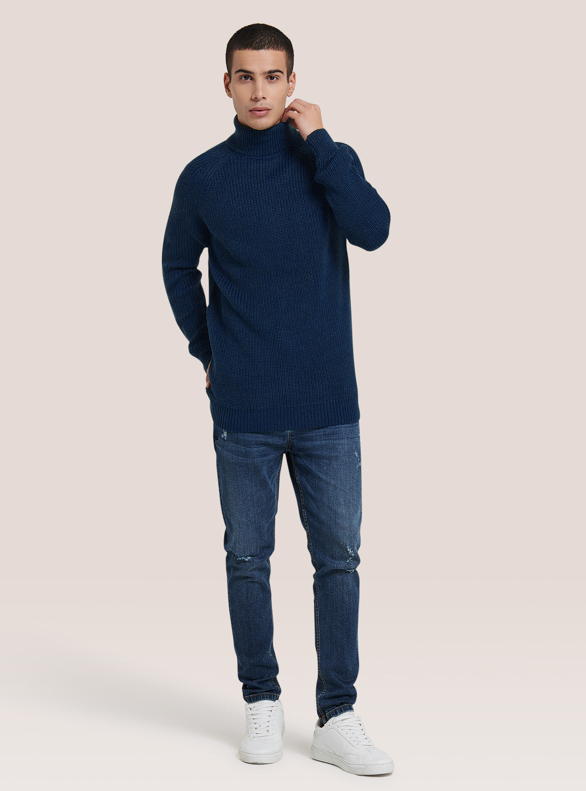 Pullover caldo collo alto a coste inglesi, MNA2 NAVY MEL MED