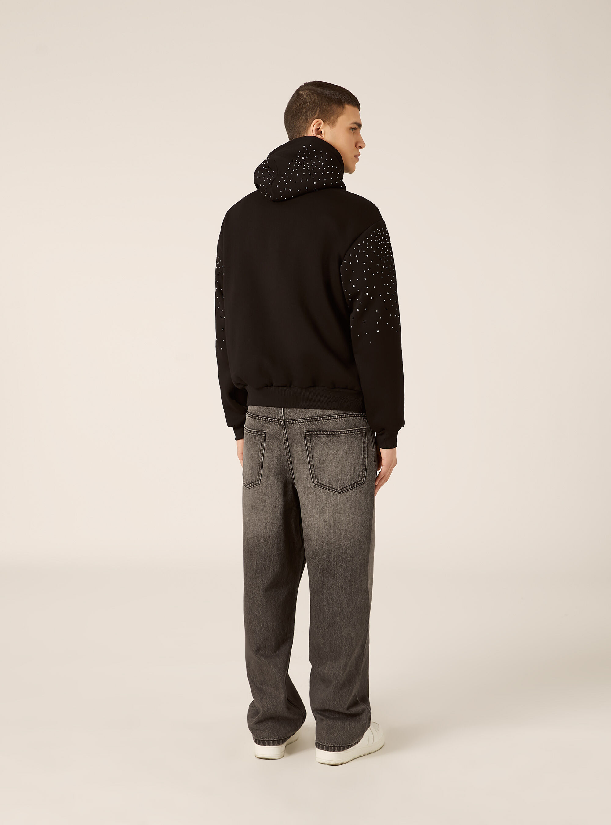 Felpa cappuccio  con strass boxy fit, BK1 BLACK