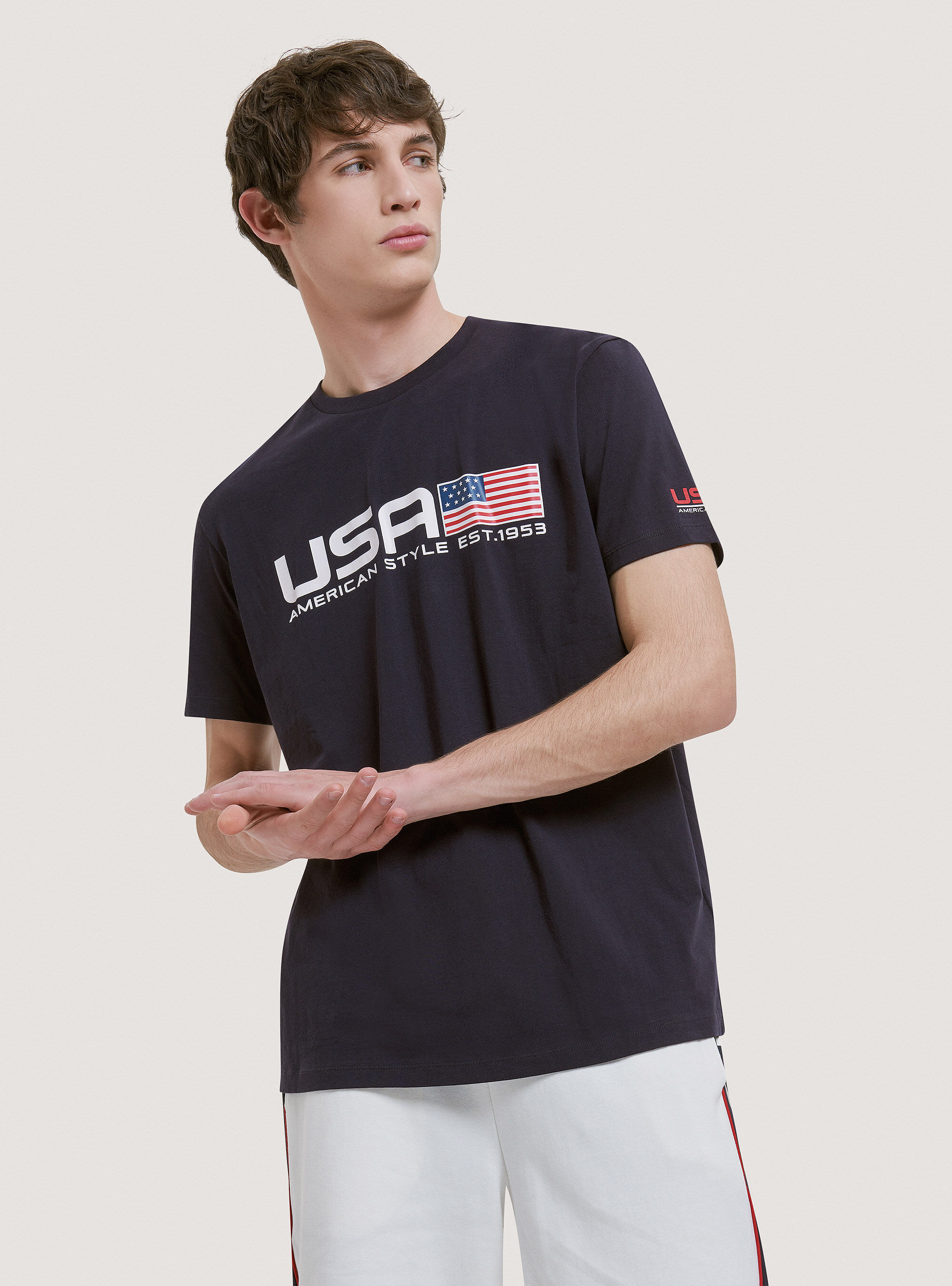 Cotton T-shirt with USA print, BLUE NAVY