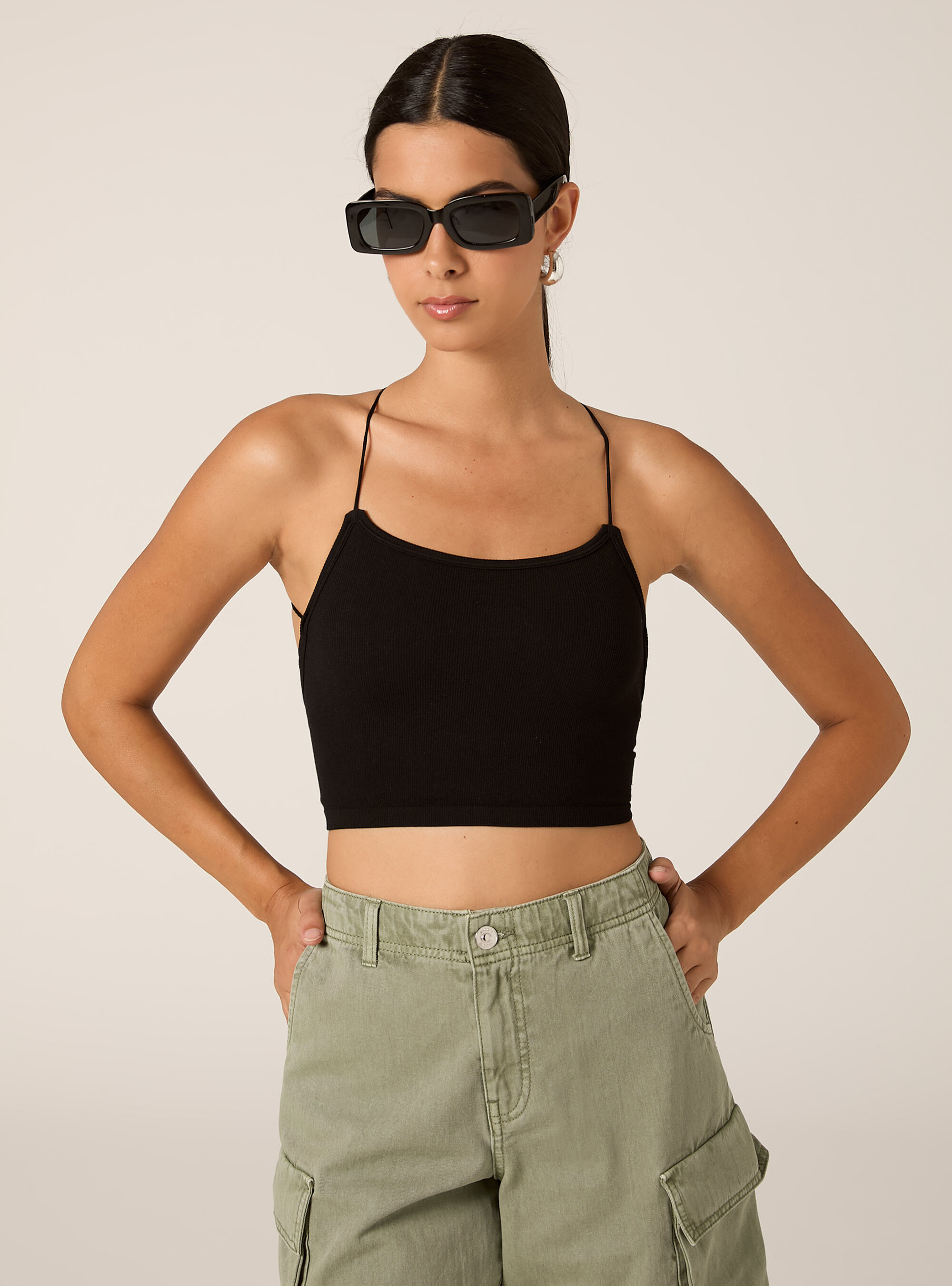 Ribbed top with crossed straps, BK1 BLACK