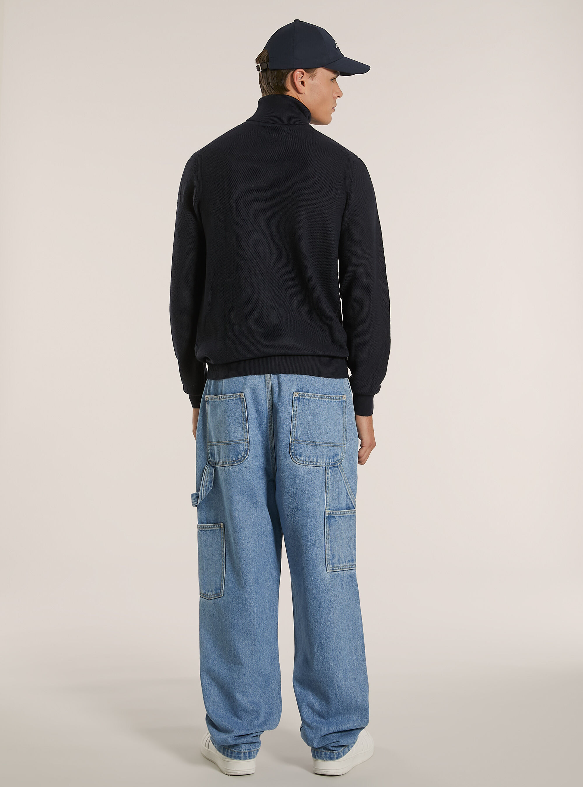 Jersey de cuello alto con textura de punto de arroz, AZUL MARINO