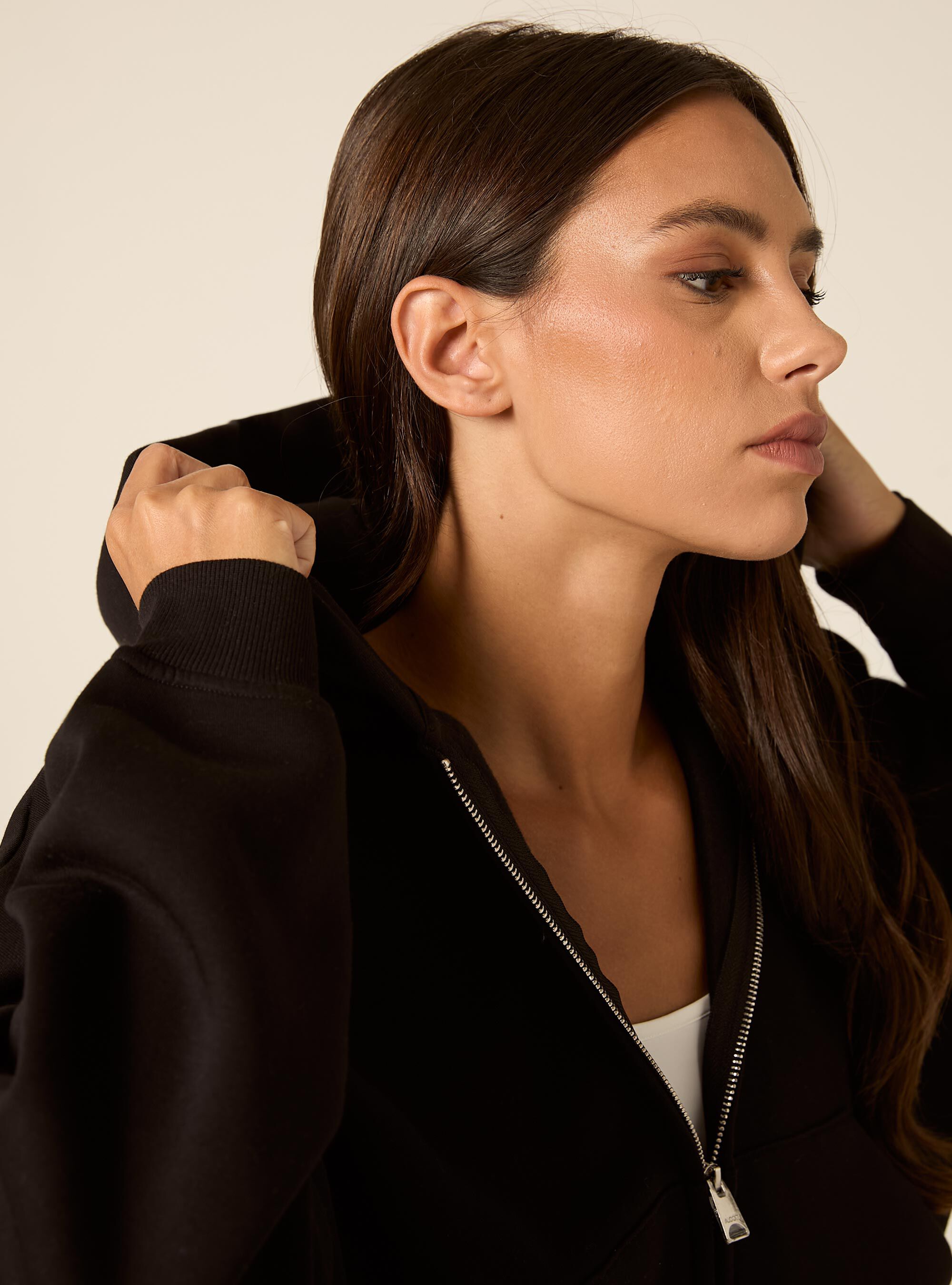 Cropped zip through hoodie with pockets, BK1 BLACK