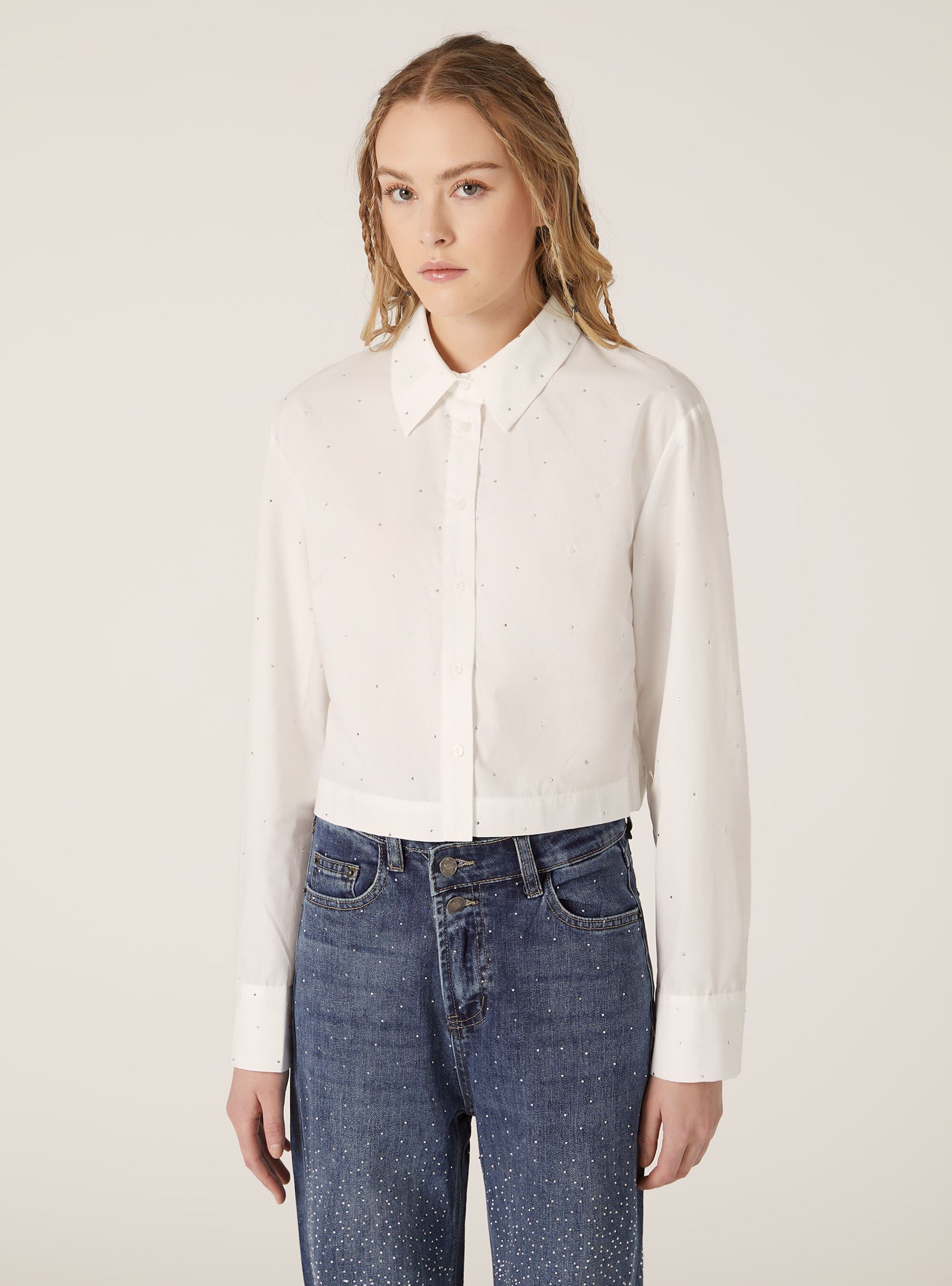 Camicia cropped con strass, WH3 WHITE