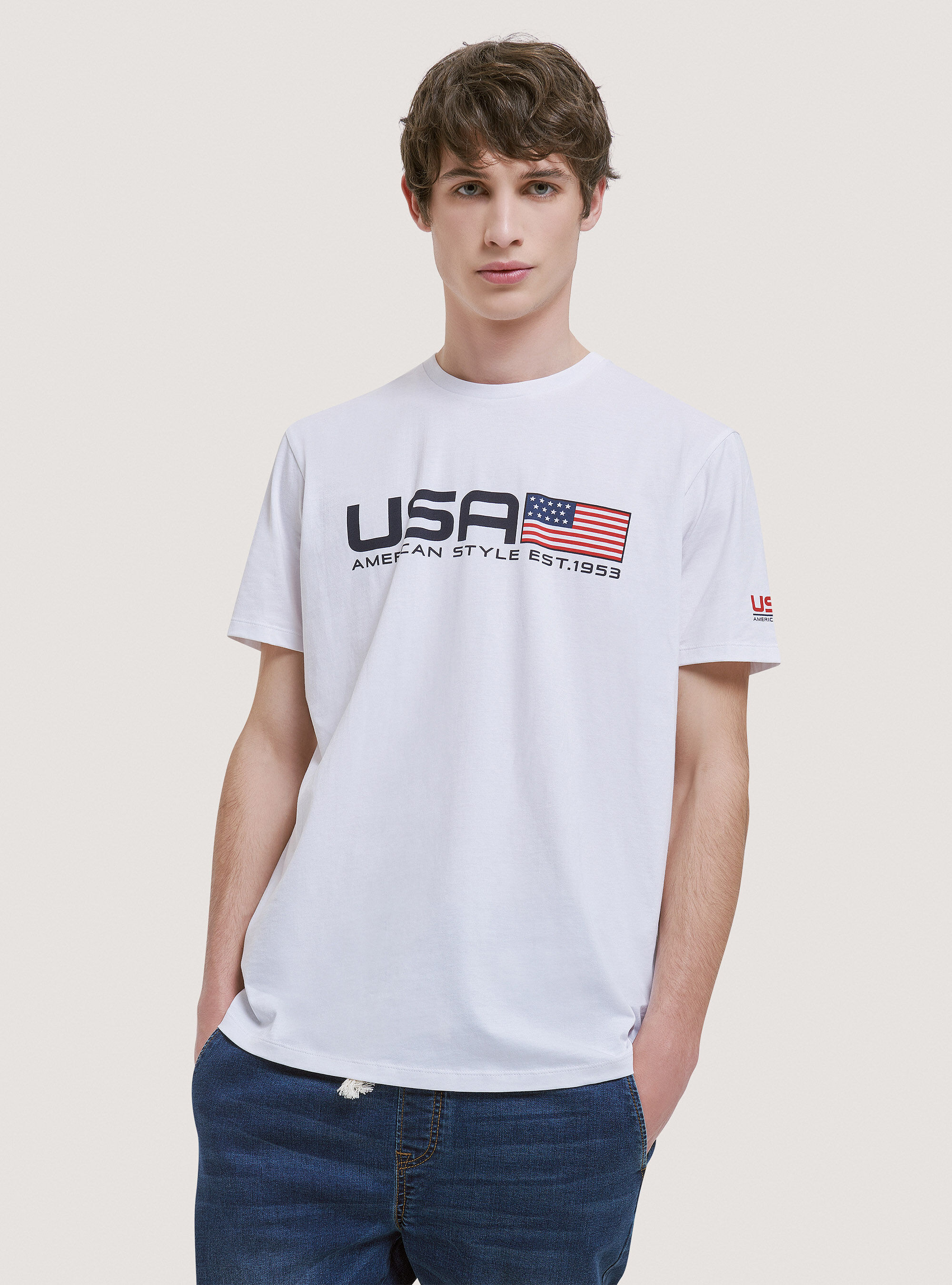 Camiseta de algod&oacute;n con estampado USA, BLANCO