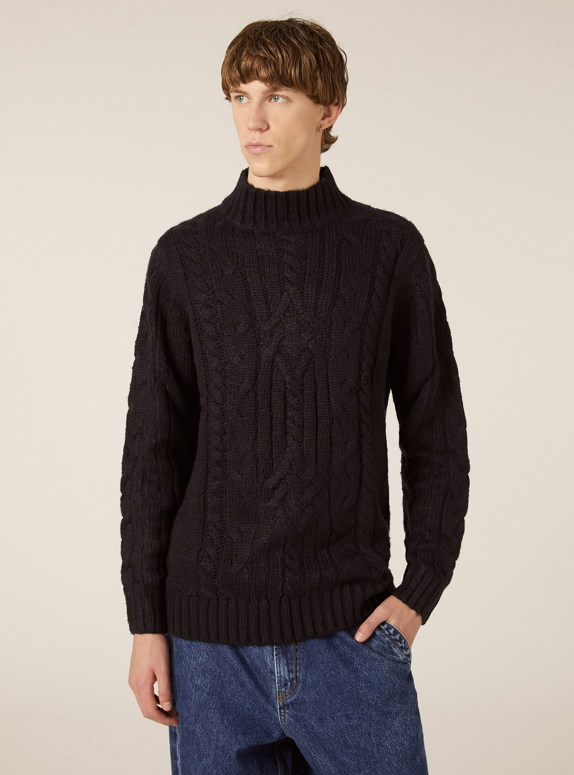 Mid-neck pullover with cables, NA1 NAVY DARK
