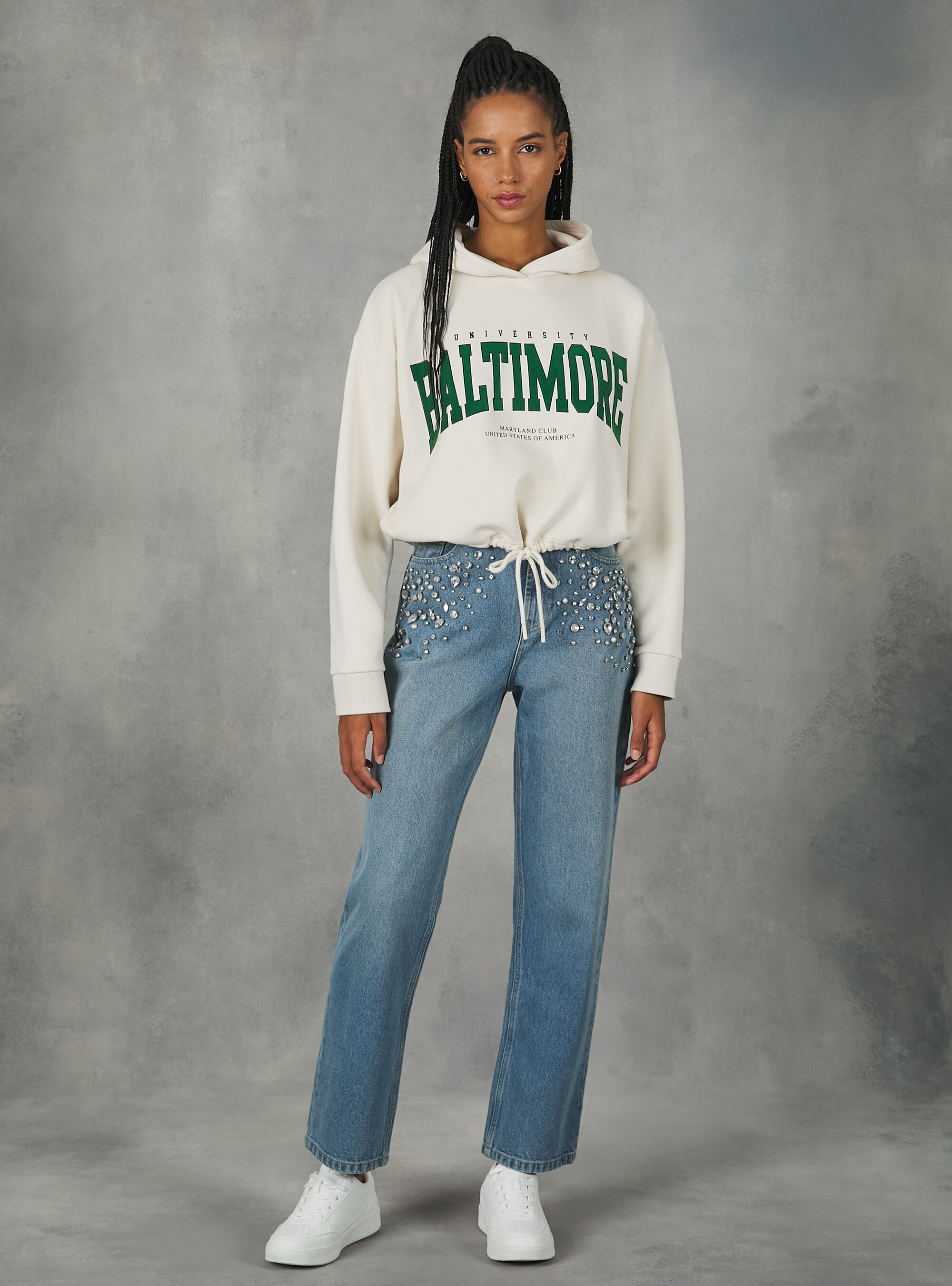 Cropped college sweatshirt with drawstring at hem Alcott