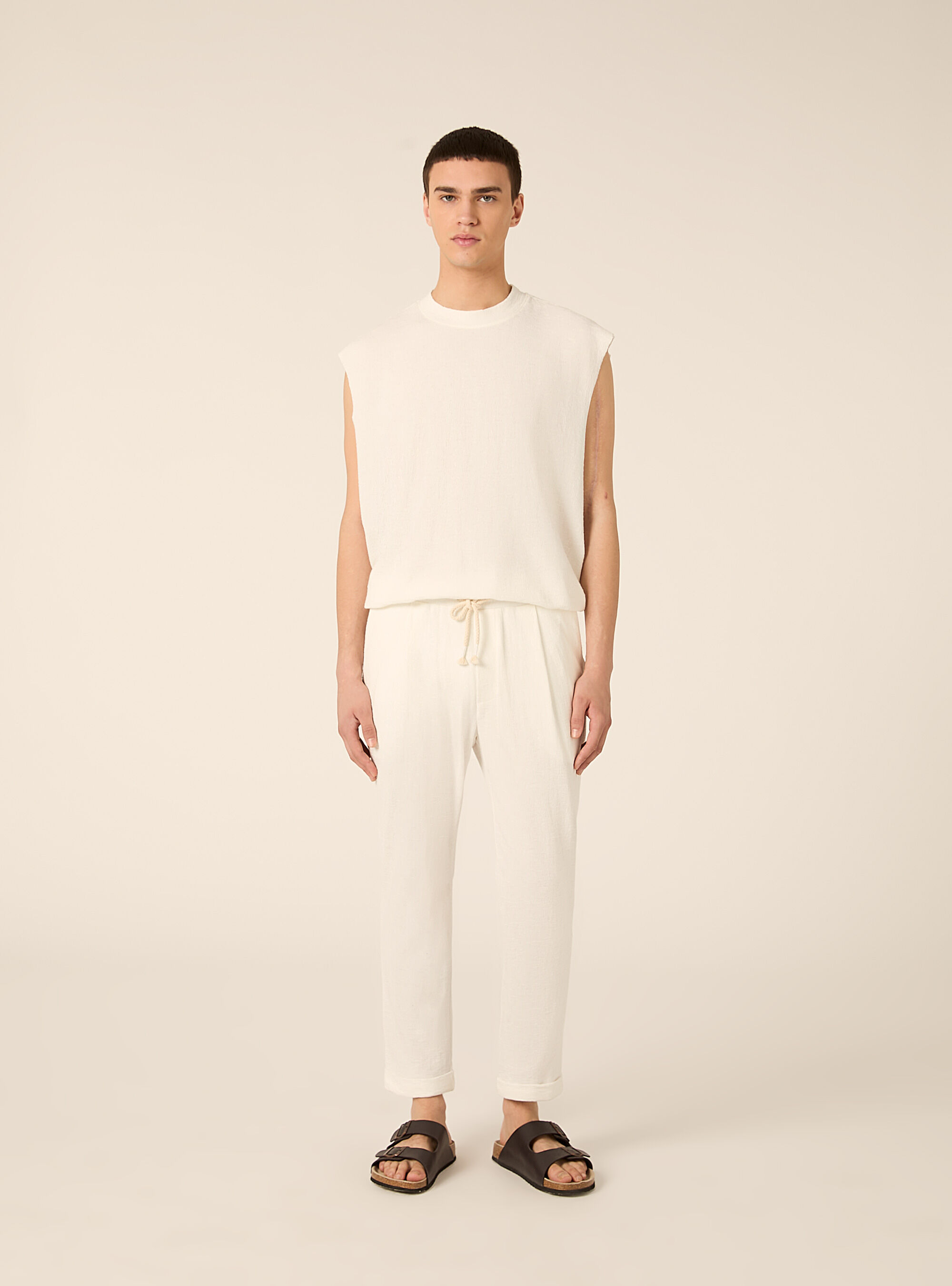 Pantaloni con  elastico in vita in jersey texture, WH2 WHITE