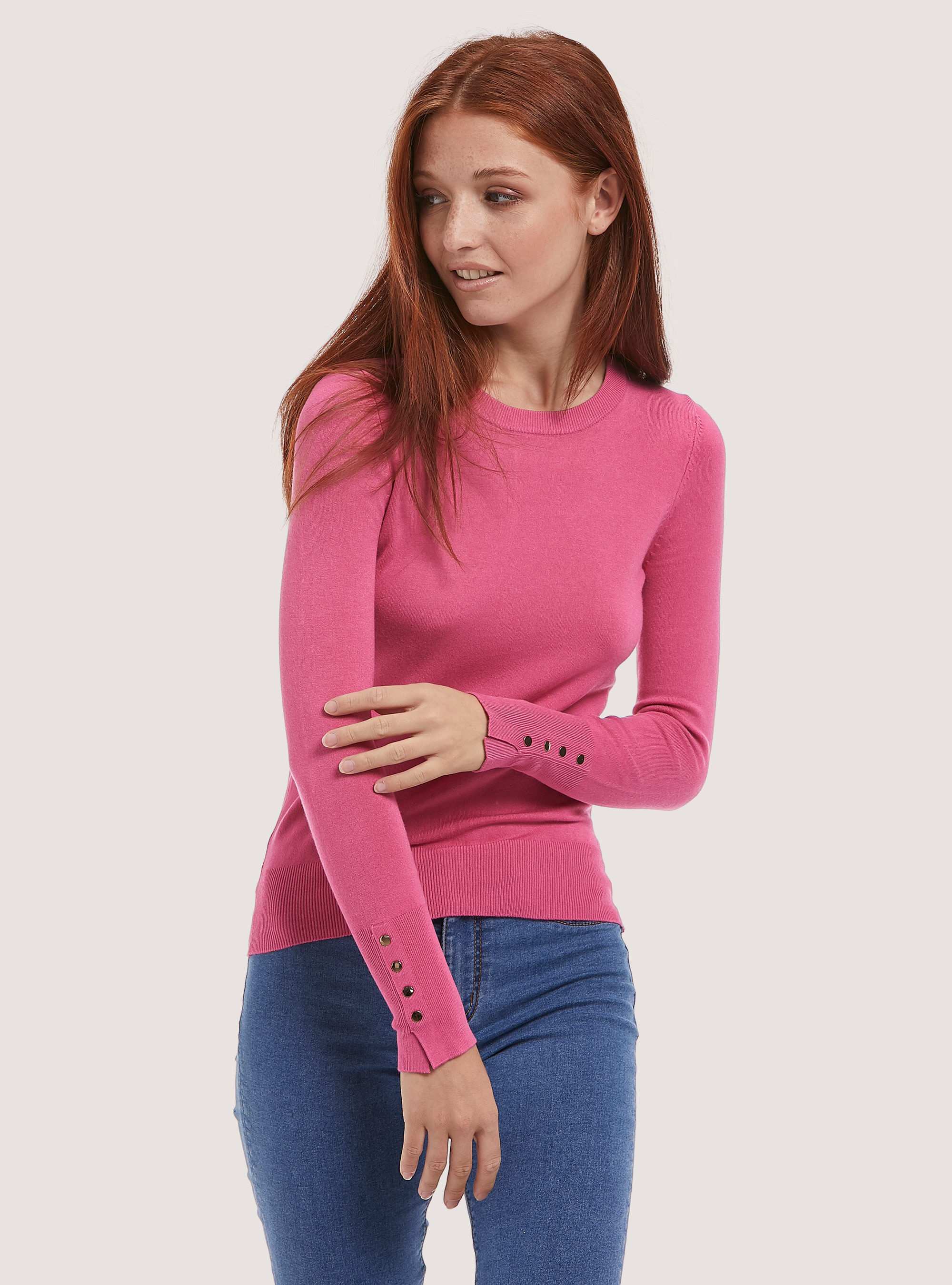 Pull &agrave; col rond avec boutons sur la manche, MPK1 PINK MEL DARK