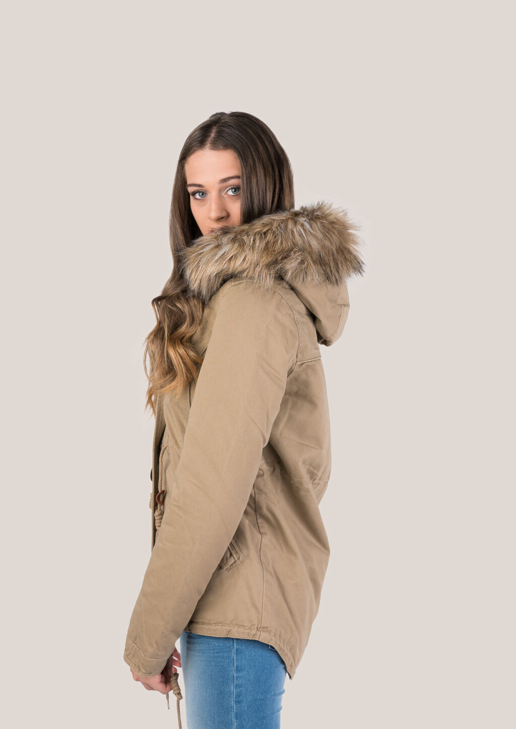 Twill cotton parka with lamb inside, BEIGE