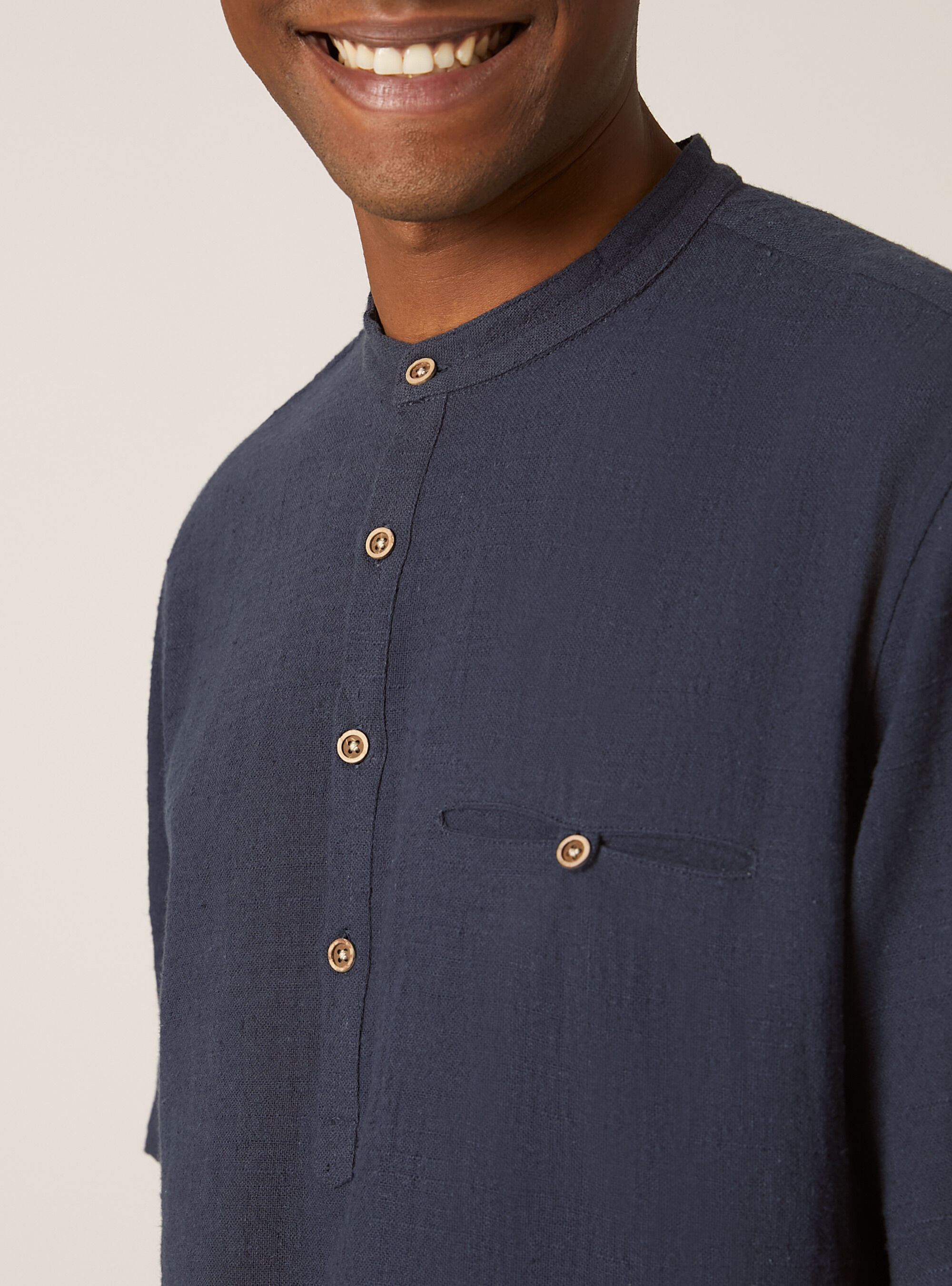 Linen blend shirt with Korean collar, NA2 NAVY MEDIUM