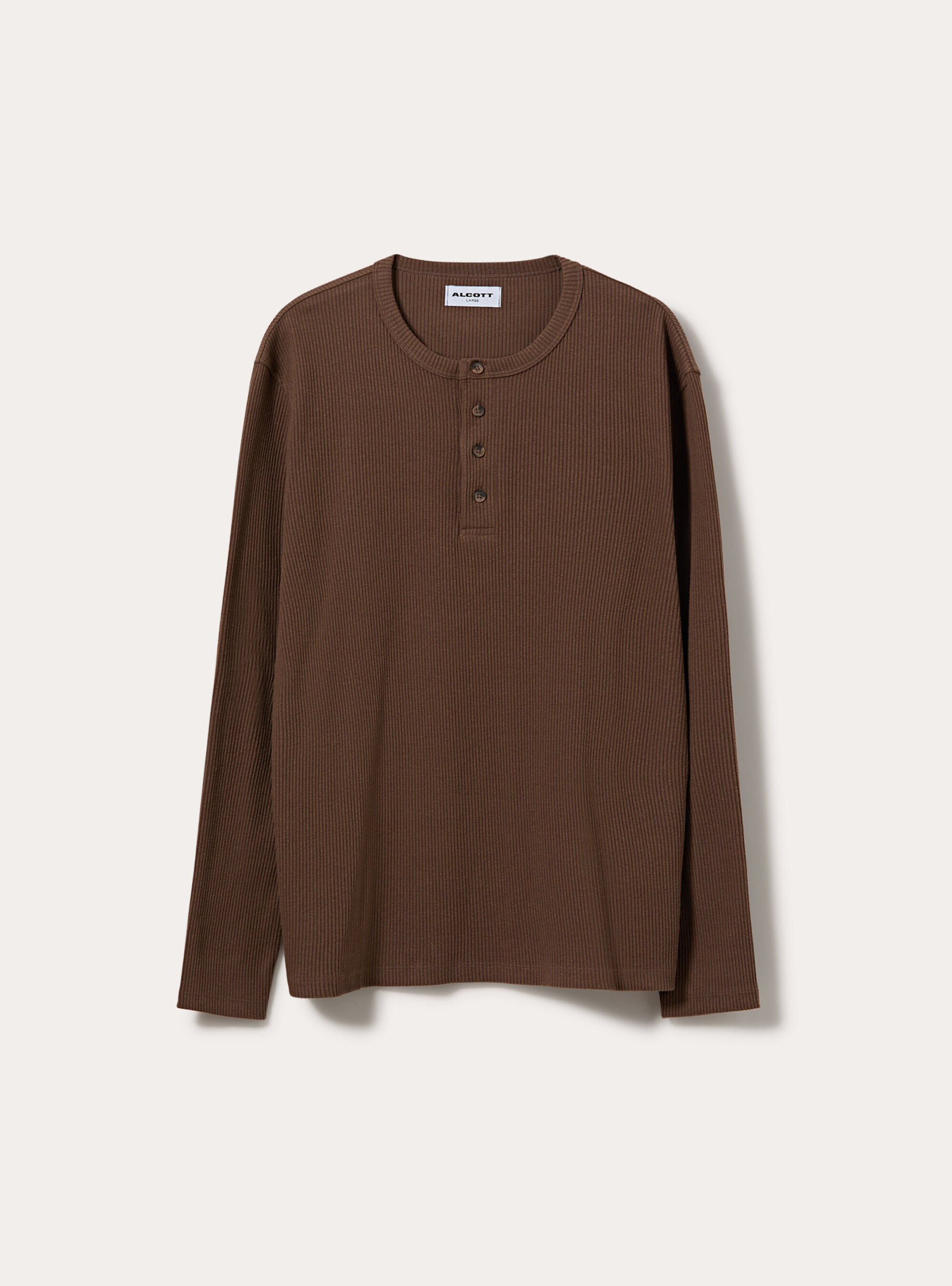 T-shirt henley a coste con  manica lunga, MARRONE MEDIO