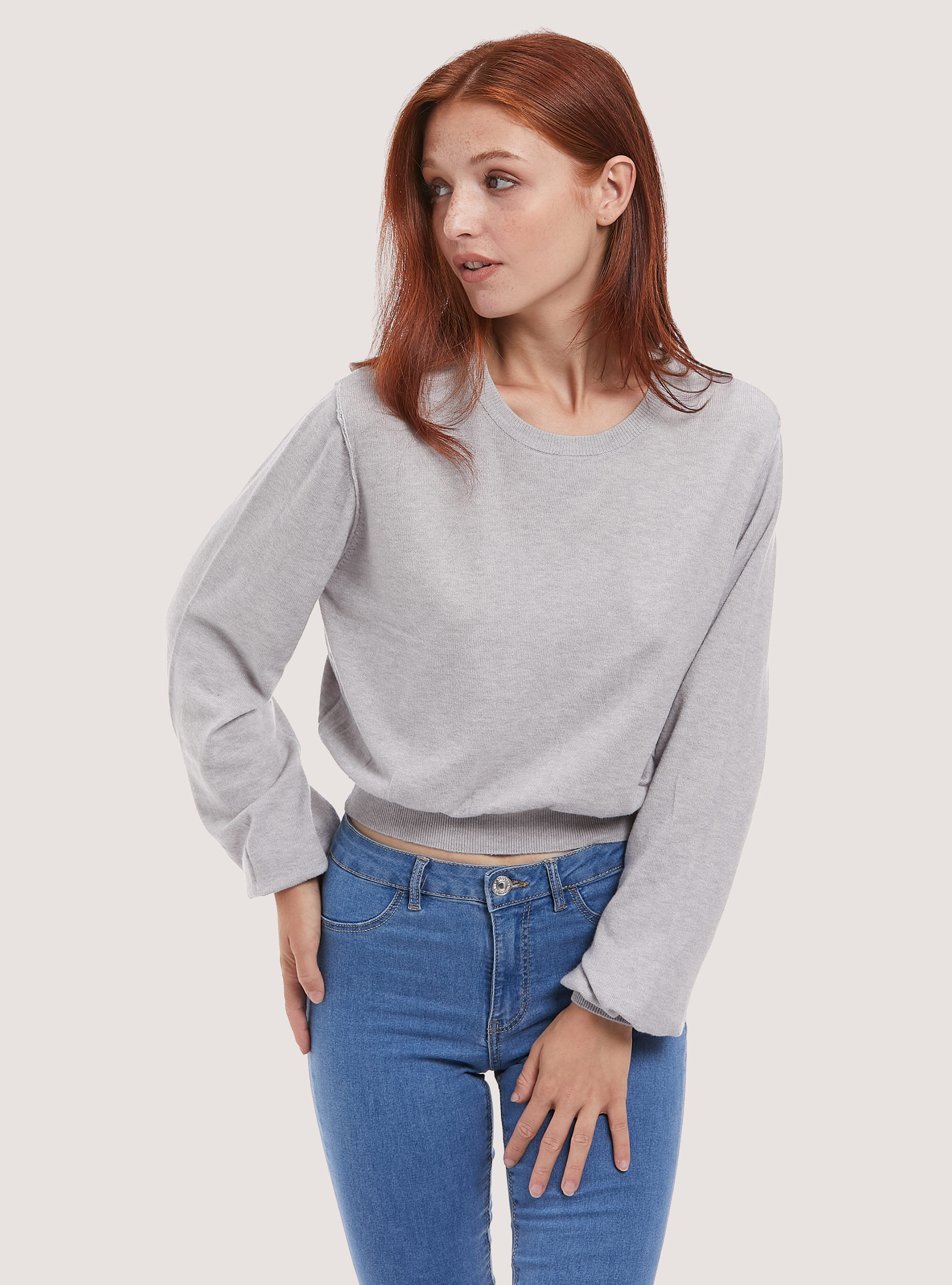 Cropped pullover with puff sleeves, C148 ICE MELANGE
