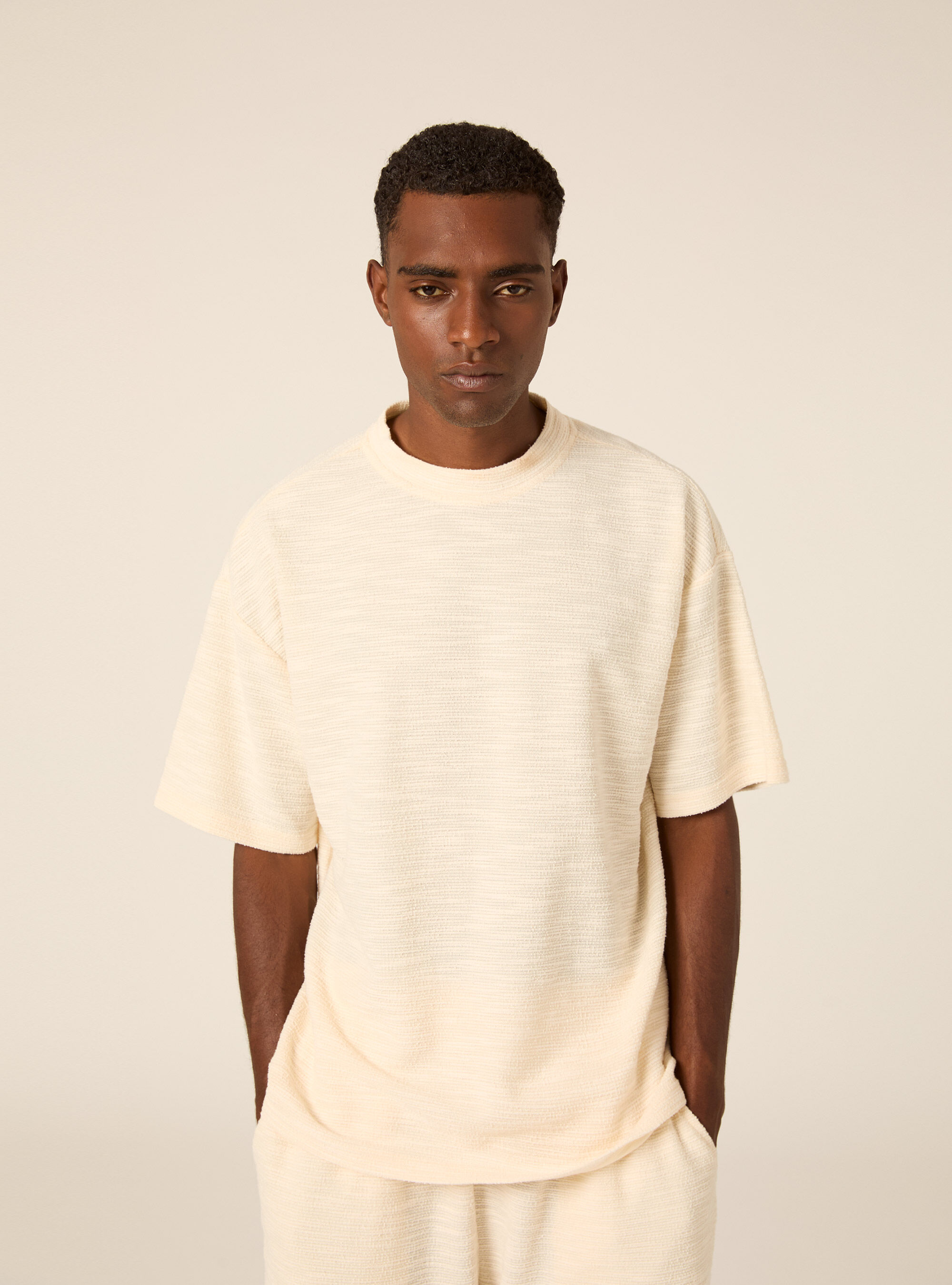T-shirt in Misto Cotone con Texture, PANNA