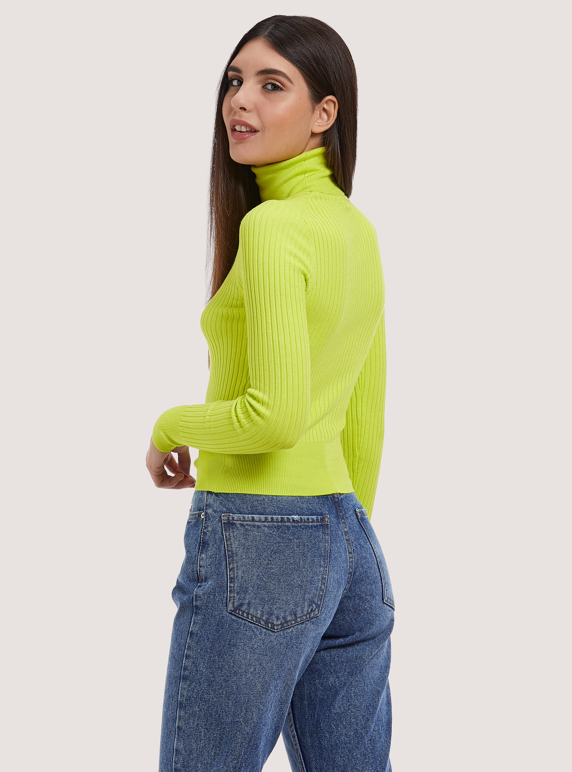 Pullover cropped a collo alto a coste, GC2 ACID GREEN MEDIUM